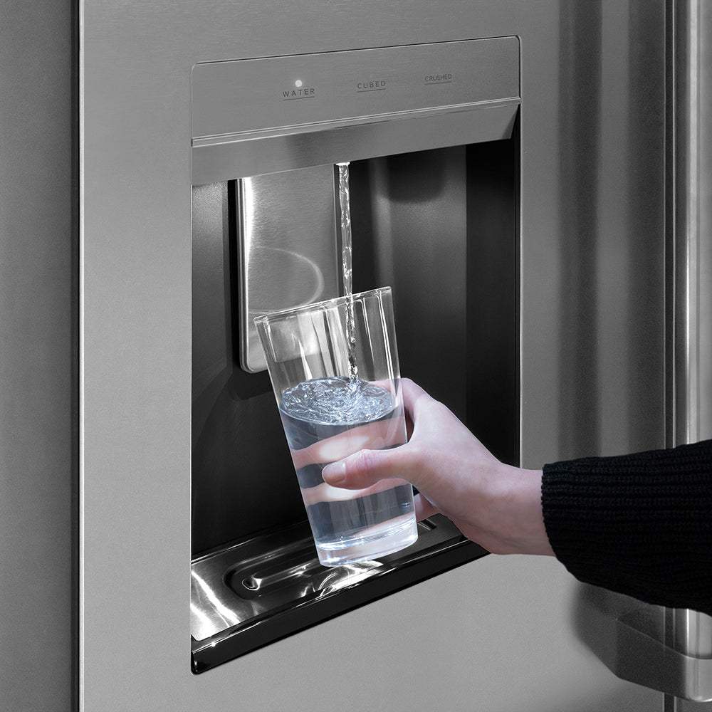 ZLINE 36 in. French Door Refrigerator 28.9 cu. ft. Standard-Depth External Water Dispenser Dual Ice Maker Fingerprint-Resistant Stainless Steel with Polished Gold Helix Handles (RSMZ-W-36-KG)