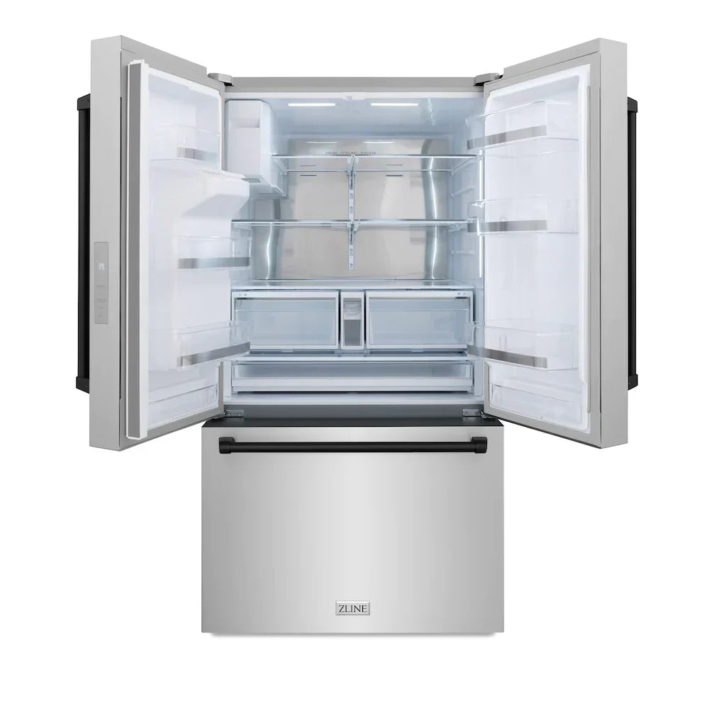 ZLINE 36" French Door Refrigerator 28.9 Cu. Ft. Standard-Depth Water Dispenser Dual Ice Maker Stainless Steel Matte Black Handles (RSMZ-W-36-MB)