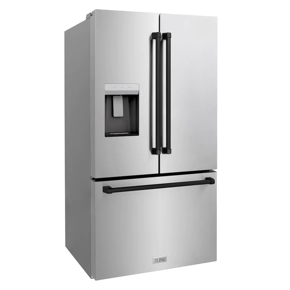 ZLINE 36" French Door Refrigerator 28.9 Cu. Ft. Standard-Depth Water Dispenser Dual Ice Maker Stainless Steel Matte Black Handles (RSMZ-W-36-MB)