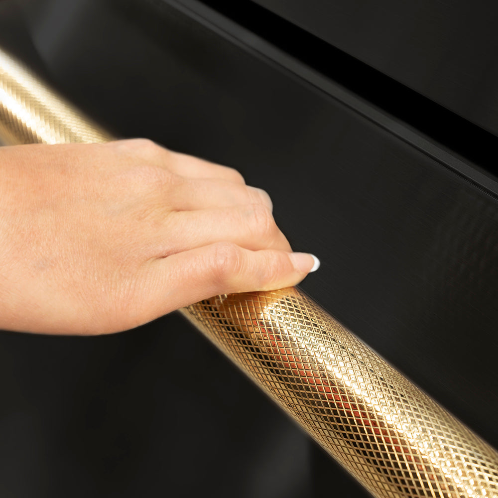 ZLINE 36 in. French Door Refrigerator 28.9 cu. ft. Standard-Depth, External Water Dispenser, Dual Ice Maker, Fingerprint-Resistant Black Stainless Steel, Polished Gold Helix Handles (RSMZ-W-36-BS-KG)