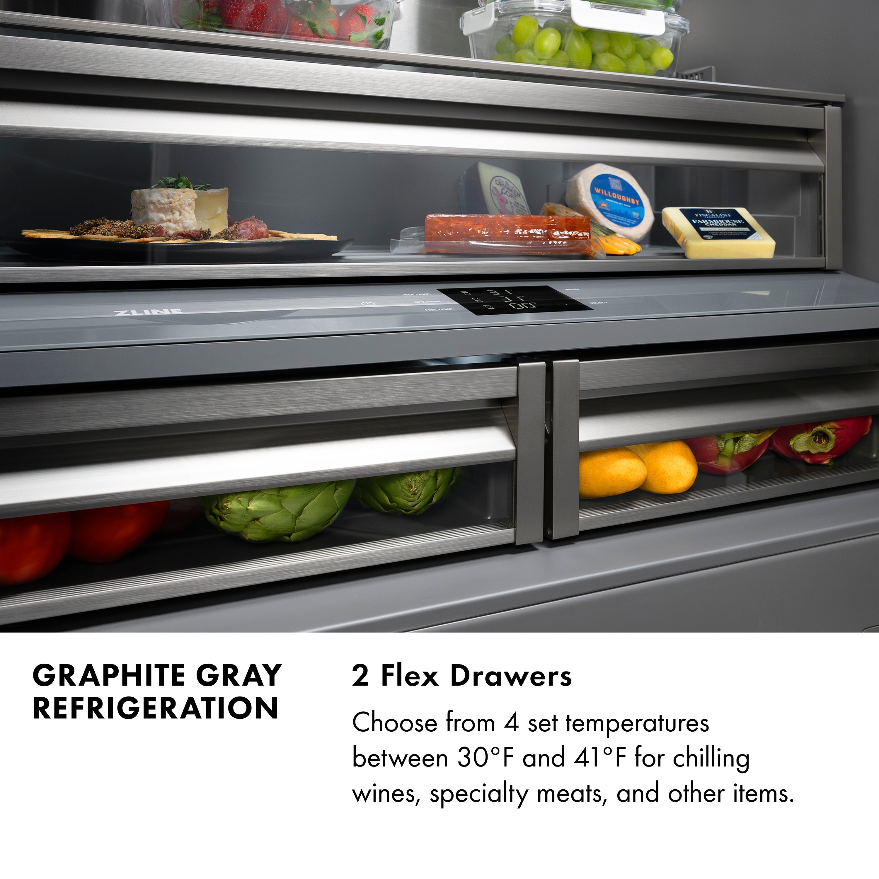 ZLINE 36 in. French Door Built-In Bottom Freezer Refrigerator 19.6 cu. ft. with Water Dispenser, Ice Maker, Graphite Gray Interior, Polished Nickel Helix Handles (GRBIVZ-30436KPN)