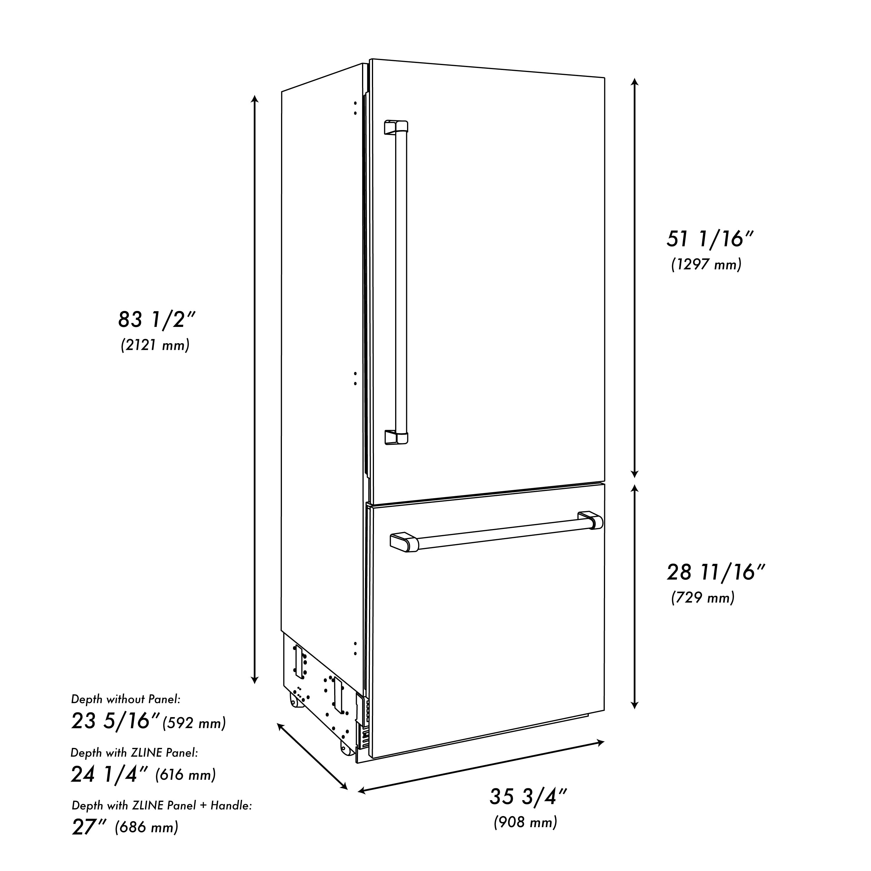 ZLINE 36 in. Built-In Bottom Freezer Refrigerator, 19.8 Cu. Ft., Water Dispenser, Ice Maker, Black Stainless Steel, Graphite Gray Interior, Champagne Bronze Accents (GRBITZ-BS-36-CB)