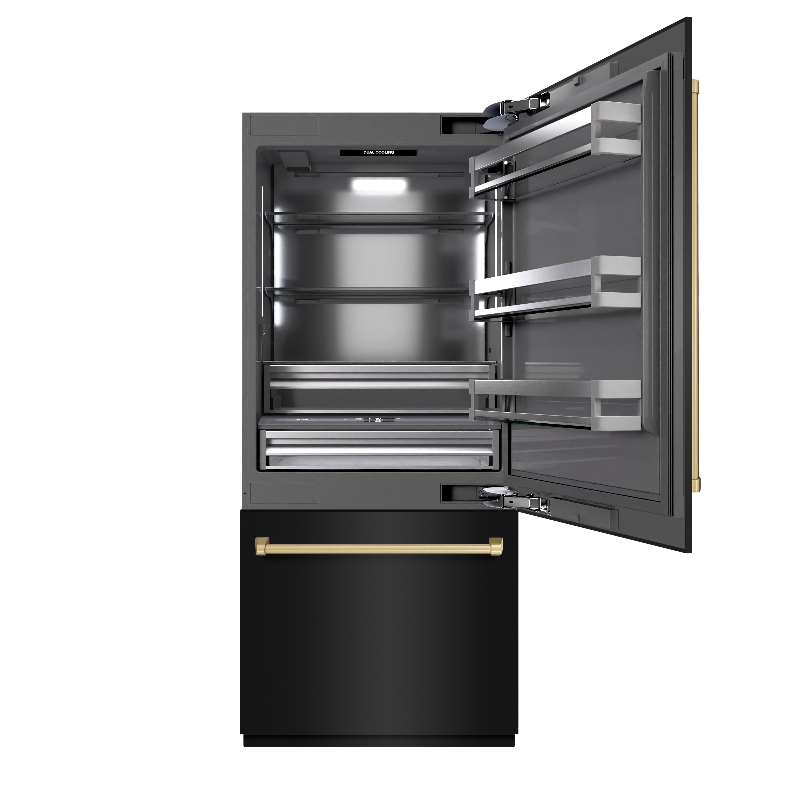 ZLINE 36 in. Built-In Bottom Freezer Refrigerator, 19.8 Cu. Ft., Water Dispenser, Ice Maker, Black Stainless Steel, Graphite Gray Interior, Champagne Bronze Accents (GRBITZ-BS-36-CB)