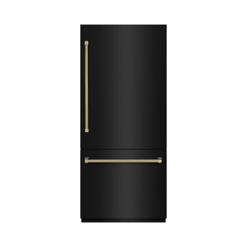 ZLINE 36 in. Built-In Bottom Freezer Refrigerator 19.8 cu. ft. Water Dispenser Ice Maker Black Stainless Steel Graphite Gray Interior Polished Gold Helix Handles (GRBITZ-BS36-KG)