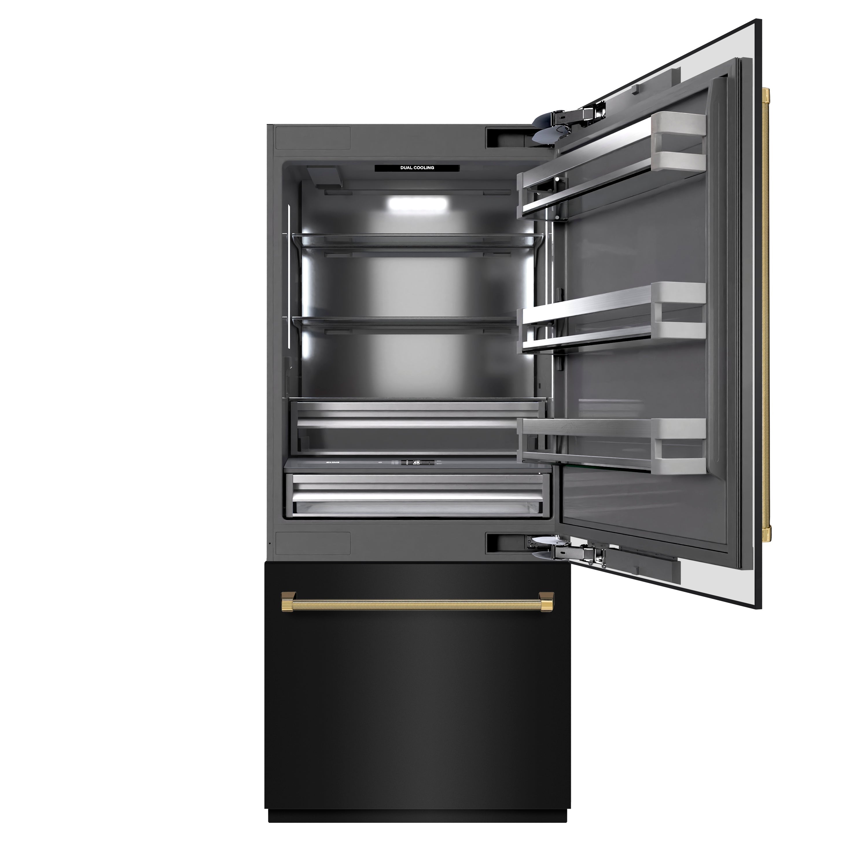 ZLINE 36 in. Built-In Bottom Freezer Refrigerator 19.8 cu. ft. Water Dispenser Ice Maker Black Stainless Steel Graphite Gray Interior Polished Gold Helix Handles (GRBITZ-BS36-KG)