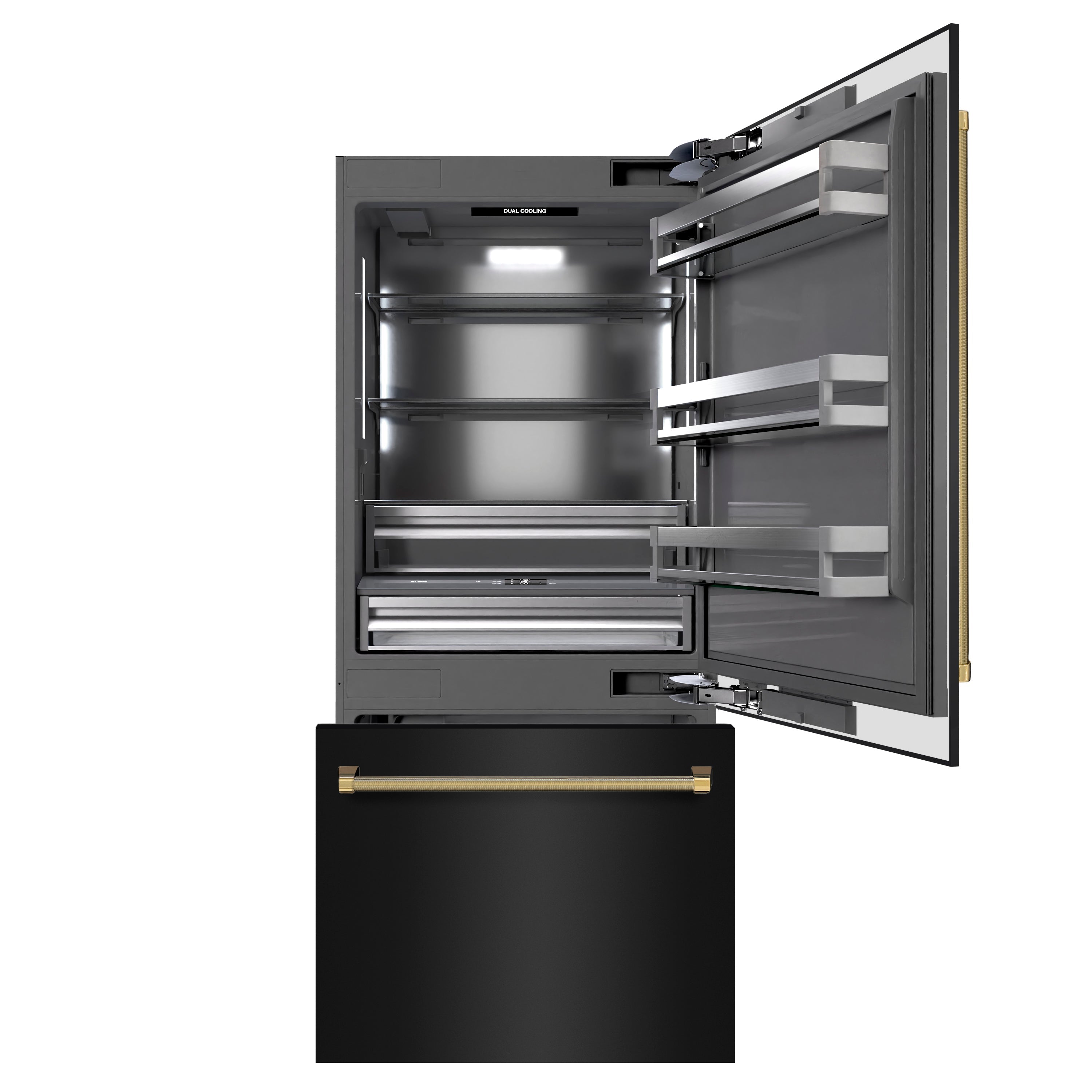 ZLINE 36 in. Built-In Bottom Freezer Refrigerator 19.8 cu. ft. Water Dispenser Ice Maker Black Stainless Steel Graphite Gray Interior Polished Gold Helix Handles (GRBITZ-BS36-KG)