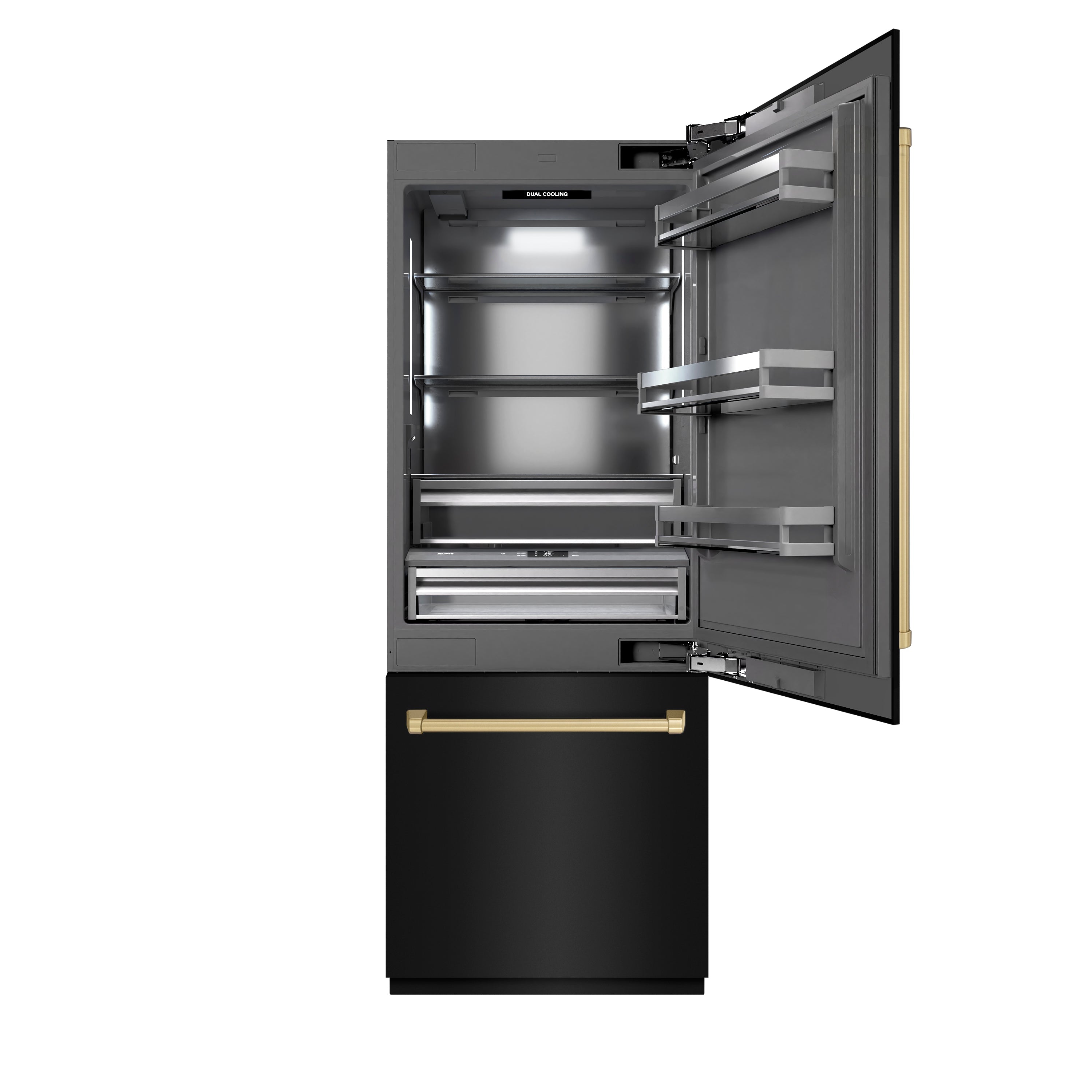 ZLINE 30 in. Built-In Bottom Freezer Refrigerator 16.1 Cu. Ft. Black Stainless Steel, Water Dispenser, Ice Maker, Champagne Bronze Accents (GRBIVZ-BS-30-CB)