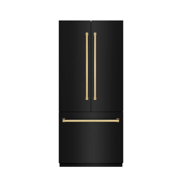ZLINE 36 in. French Door Built-In Bottom Freezer Refrigerator, 19.6 Cu. Ft., Water Dispenser, Ice Maker, Black Stainless Steel, Polished Gold Accents (GRBIVZ-BS-36-G)