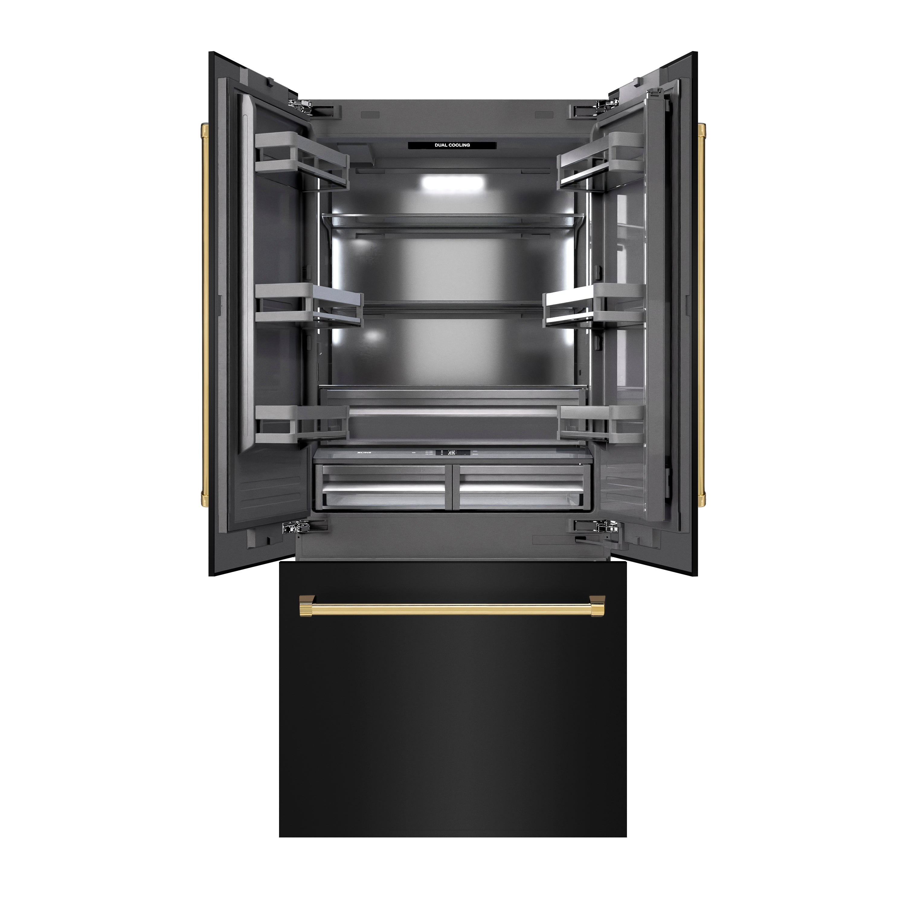 ZLINE 36 in. French Door Built-In Bottom Freezer Refrigerator, 19.6 Cu. Ft., Water Dispenser, Ice Maker, Black Stainless Steel, Polished Gold Accents (GRBIVZ-BS-36-G)
