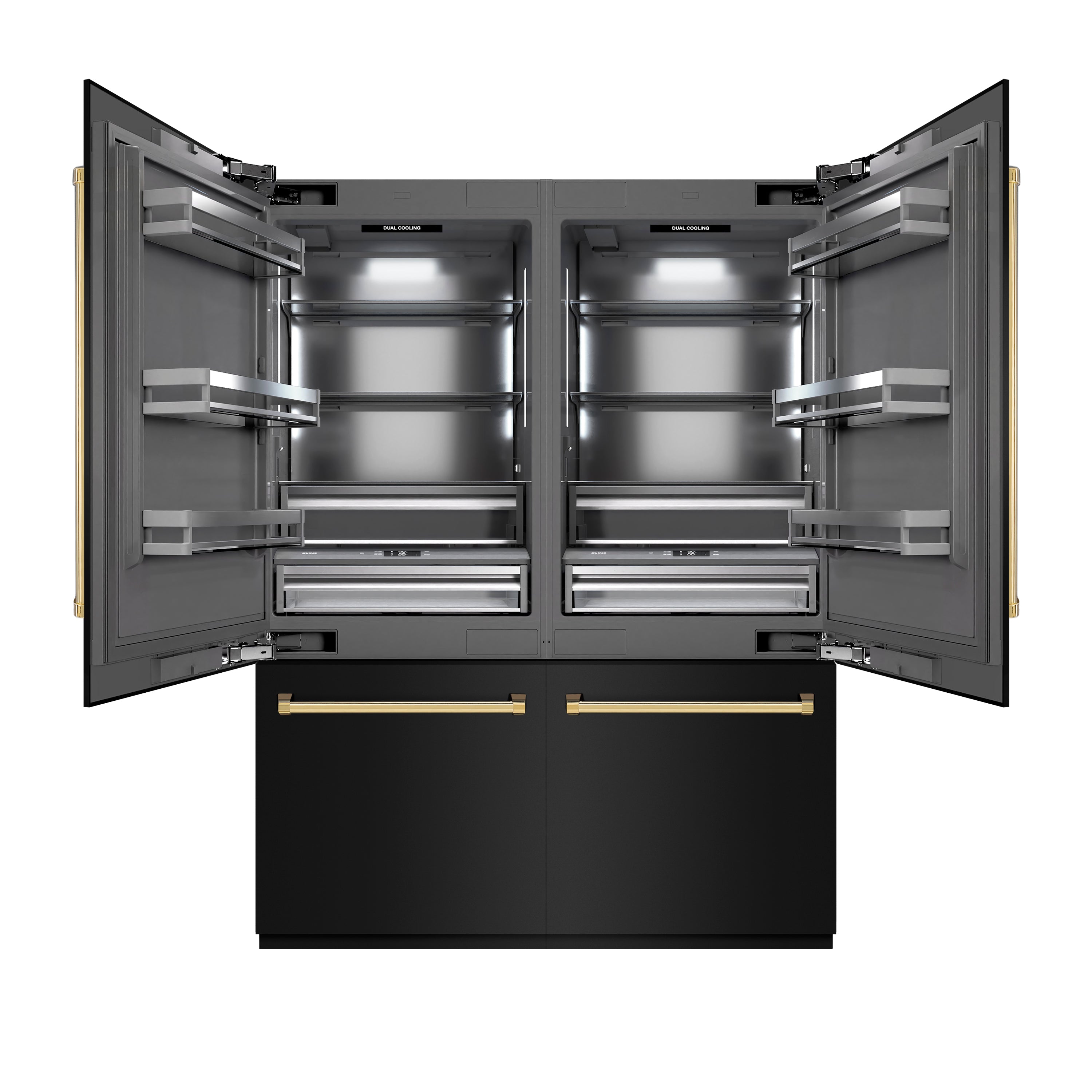 ZLINE 60 in. French Door Built-In Bottom Freezer Refrigerator 32.2 cu. ft. Water Dispenser Ice Maker Black Stainless Steel Graphite Gray Interior Polished Gold Accents (GRBIVZ-BS-60-G)