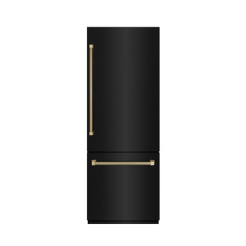 ZLINE 30 in. Built-In Bottom Freezer Refrigerator, 16.1 cu. ft., Water Dispenser, Ice Maker, Black Stainless Steel, Graphite Gray Interior, Champagne Bronze Helix Handles (GRBIVZ-BS30KCB)