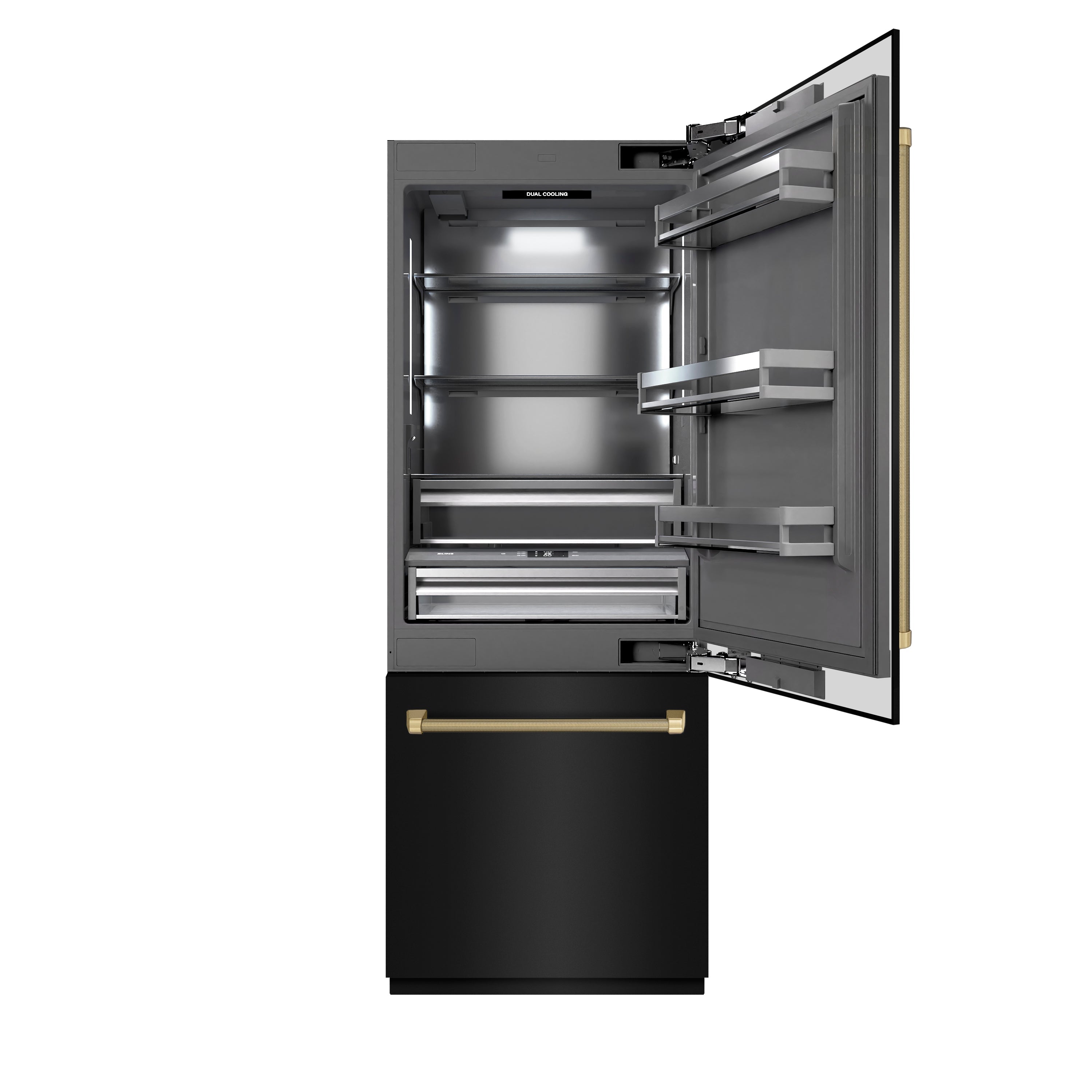 ZLINE 30 in. Built-In Bottom Freezer Refrigerator, 16.1 cu. ft., Water Dispenser, Ice Maker, Black Stainless Steel, Graphite Gray Interior, Champagne Bronze Helix Handles (GRBIVZ-BS30KCB)