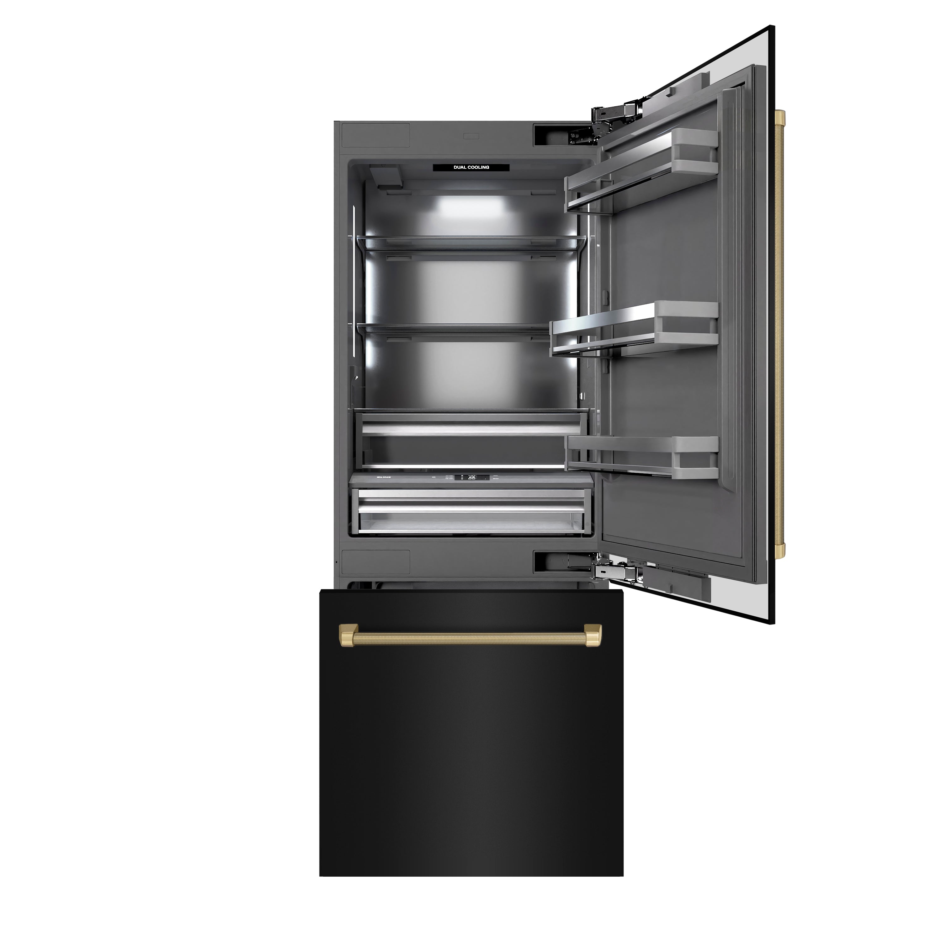 ZLINE 30 in. Built-In Bottom Freezer Refrigerator, 16.1 cu. ft., Water Dispenser, Ice Maker, Black Stainless Steel, Graphite Gray Interior, Champagne Bronze Helix Handles (GRBIVZ-BS30KCB)