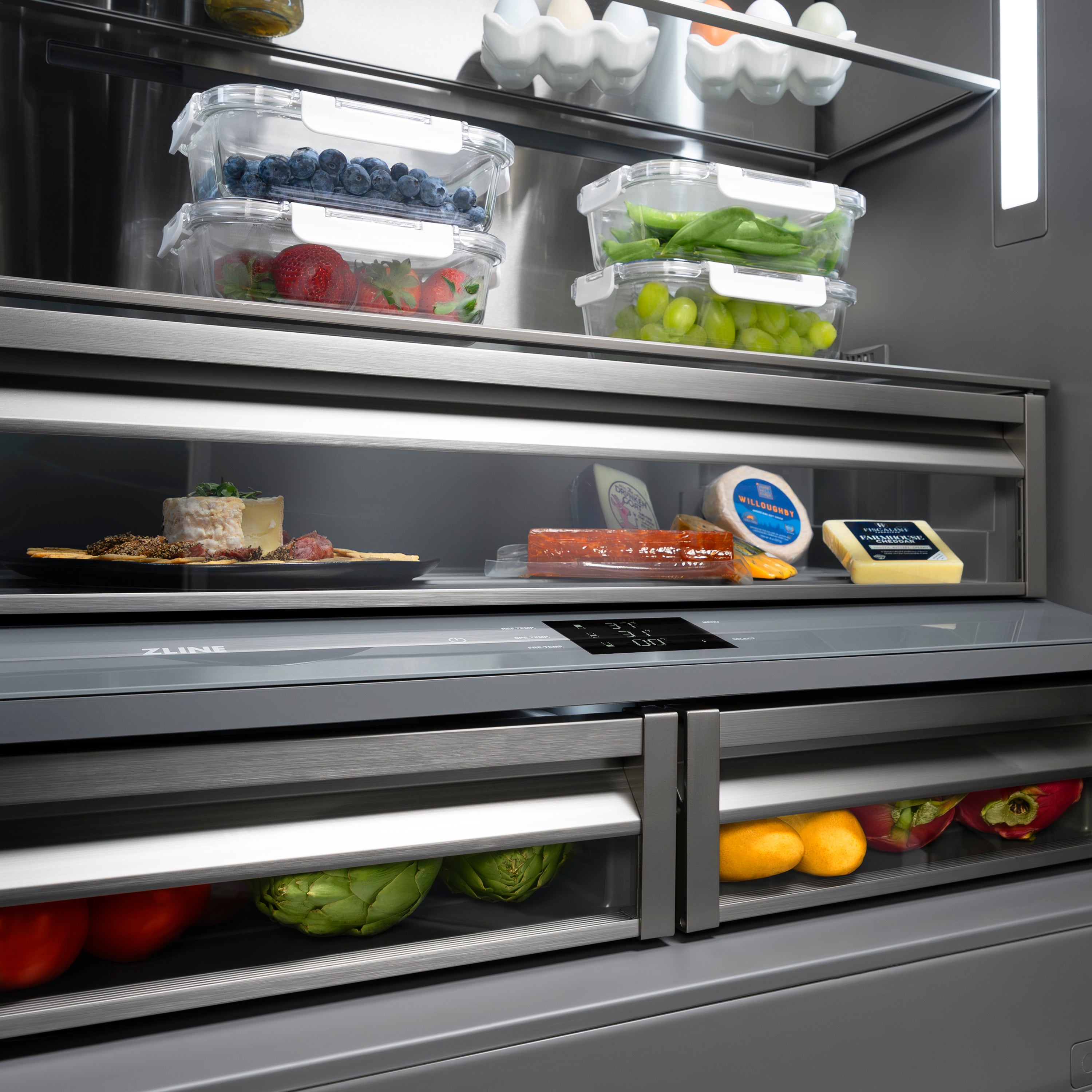 ZLINE 36 in. French Door Built-In Bottom Freezer Refrigerator 19.6 Cu. Ft. Water Dispenser Ice Maker Black Stainless Steel Graphite Gray Interior Polished Gold Helix Handles (GRBIVZ-BS36KG)