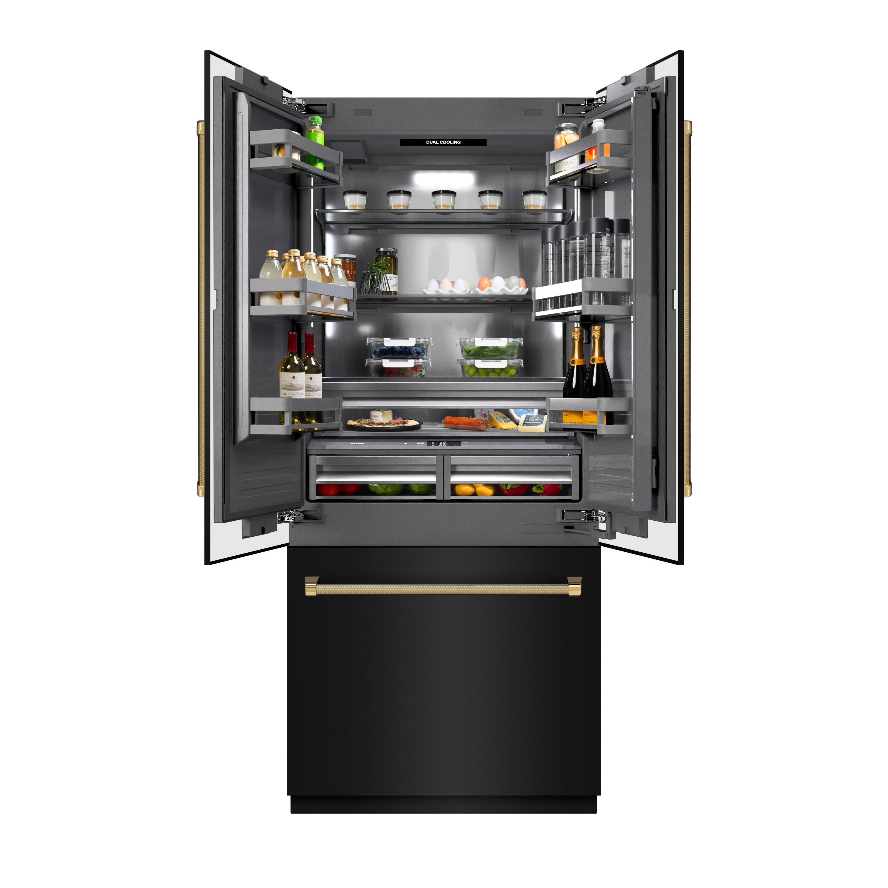ZLINE 36 in. French Door Built-In Bottom Freezer Refrigerator 19.6 Cu. Ft. Water Dispenser Ice Maker Black Stainless Steel Graphite Gray Interior Polished Gold Helix Handles (GRBIVZ-BS36KG)