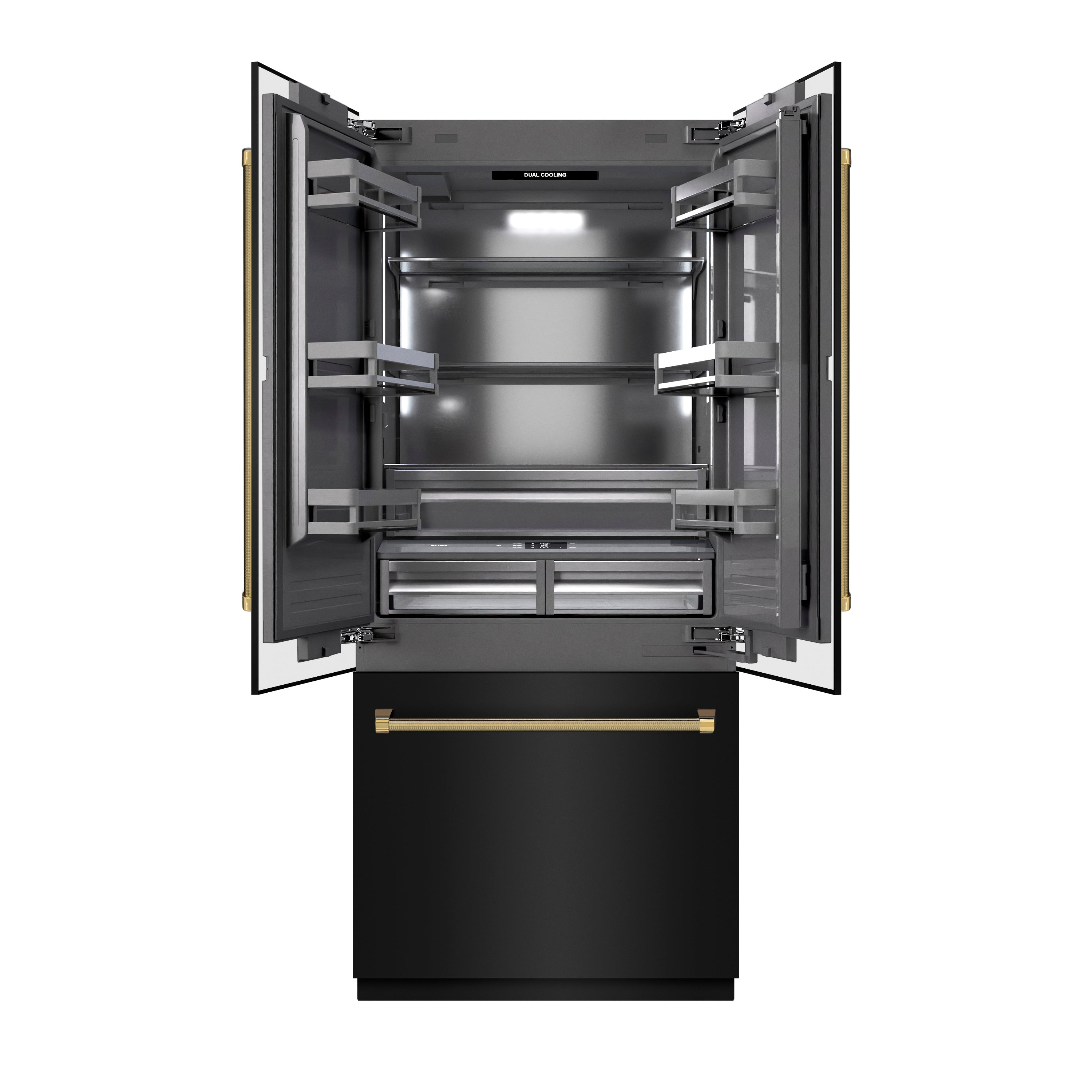 ZLINE 36 in. French Door Built-In Bottom Freezer Refrigerator 19.6 Cu. Ft. Water Dispenser Ice Maker Black Stainless Steel Graphite Gray Interior Polished Gold Helix Handles (GRBIVZ-BS36KG)