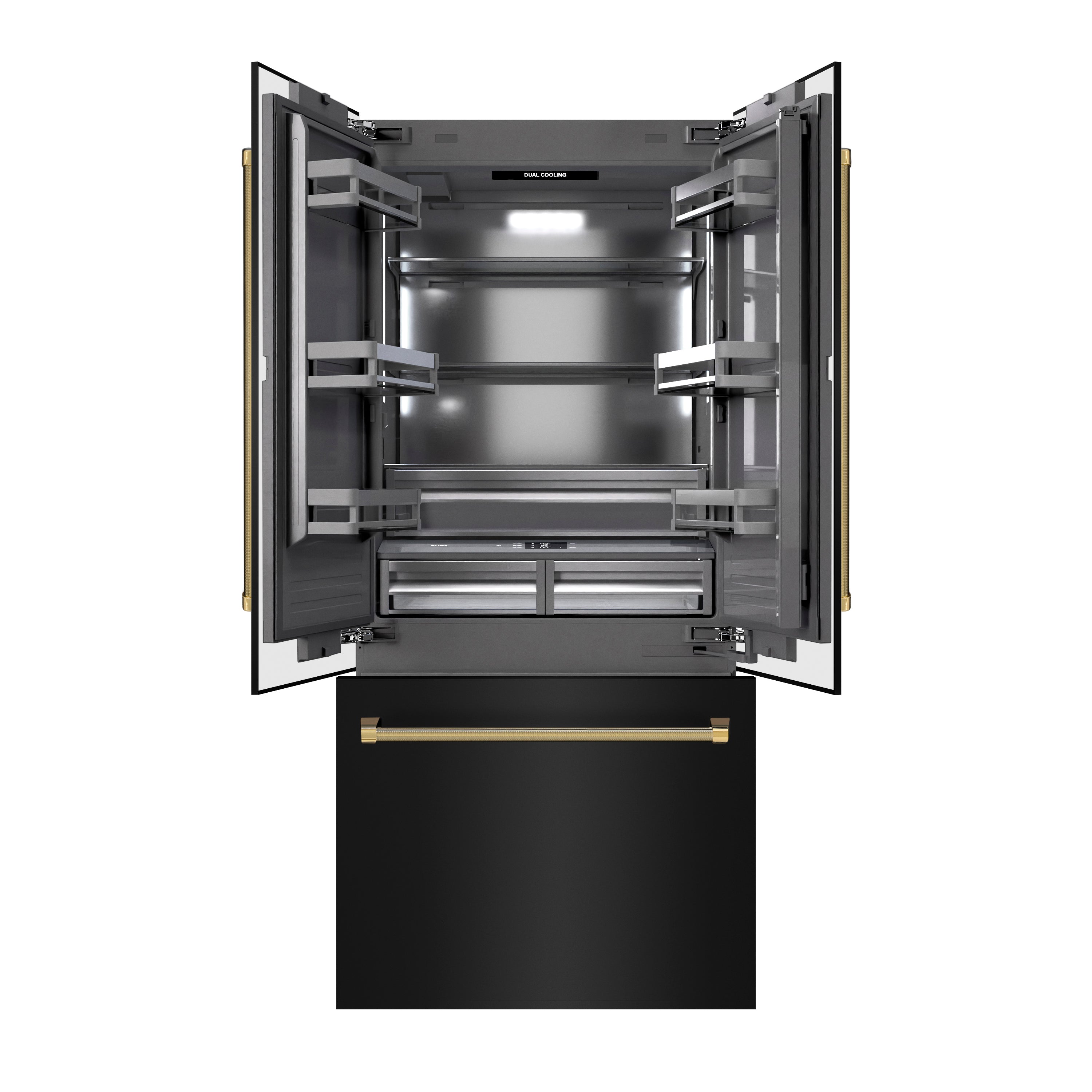 ZLINE 36 in. French Door Built-In Bottom Freezer Refrigerator 19.6 Cu. Ft. Water Dispenser Ice Maker Black Stainless Steel Graphite Gray Interior Polished Gold Helix Handles (GRBIVZ-BS36KG)
