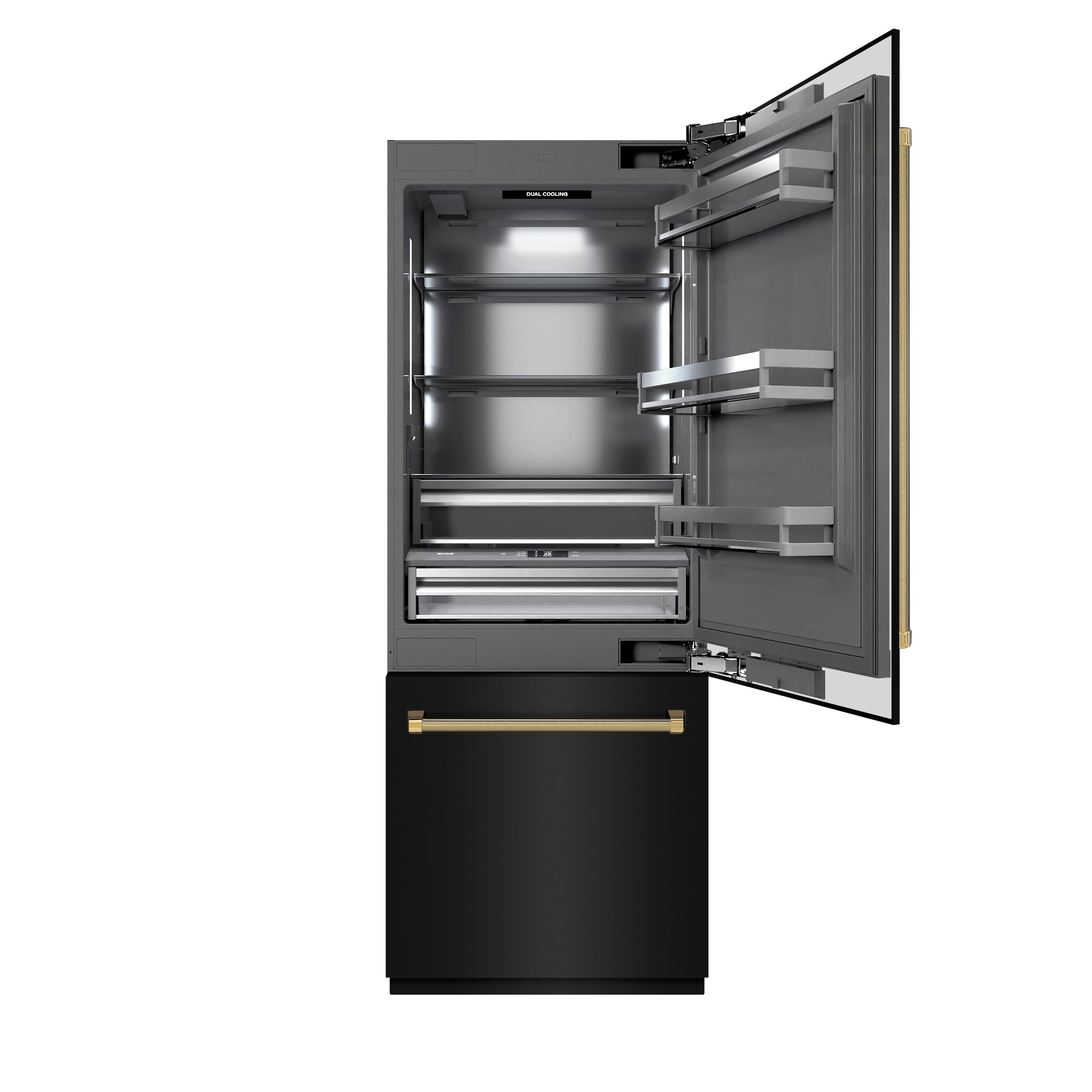 ZLINE 30 in. Built-In Bottom Freezer Refrigerator 16.1 cu. ft. Water Dispenser, Ice Maker, Black Stainless Steel, Graphite Gray Interior, Polished Gold Helix Handles (GRBIVZ-BS30KG)