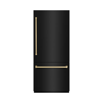 ZLINE 36 in. Built-In Bottom Freezer Refrigerator 19.8 cu. ft. Water Dispenser Ice Maker Champagne Bronze Accents Black Stainless Steel (RBITZ-BS-36-CB)