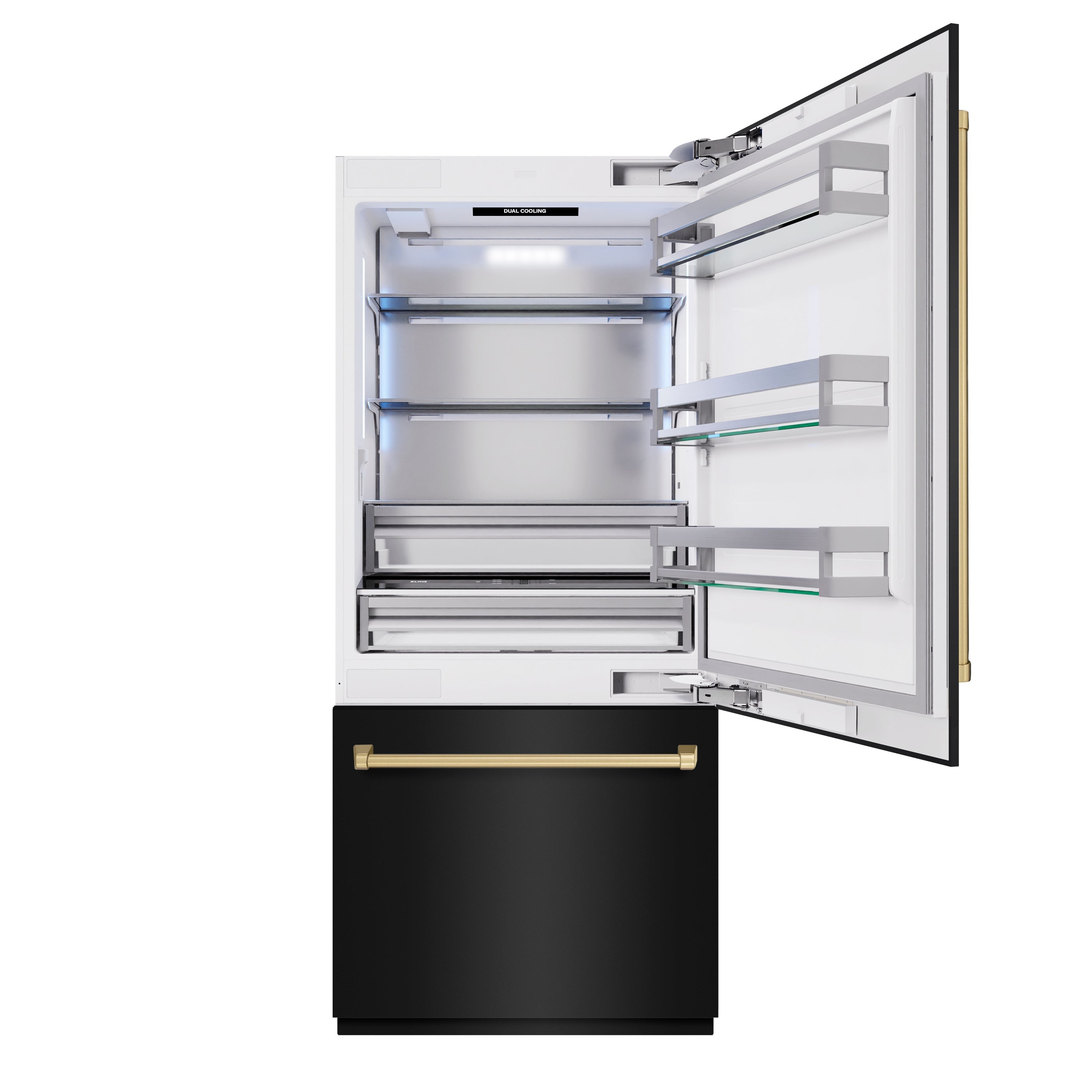 ZLINE 36 in. Built-In Bottom Freezer Refrigerator 19.8 cu. ft. Water Dispenser Ice Maker Champagne Bronze Accents Black Stainless Steel (RBITZ-BS-36-CB)