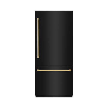 ZLINE 36 in. Built-In Bottom Freezer Refrigerator 19.8 cu. ft. Water Dispenser Ice Maker Black Stainless Steel Polished Gold Accents (RBITZ-BS-36-G)