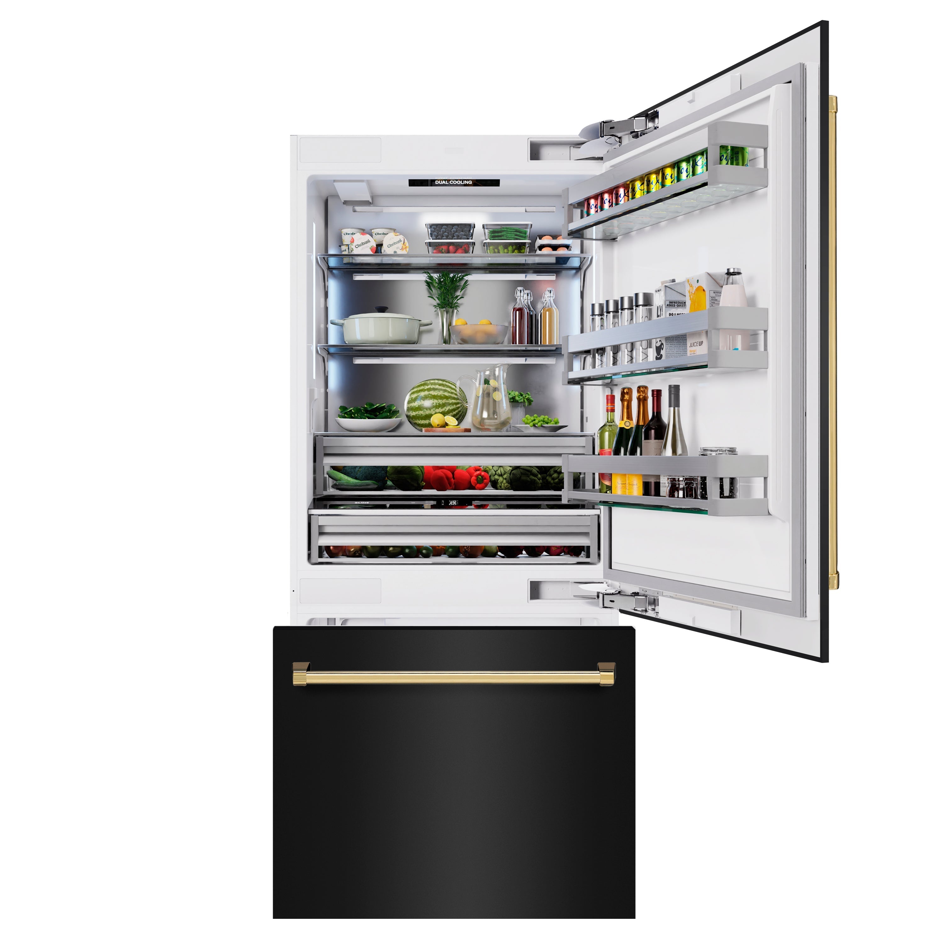 ZLINE 36 in. Built-In Bottom Freezer Refrigerator 19.8 cu. ft. Water Dispenser Ice Maker Black Stainless Steel Polished Gold Accents (RBITZ-BS-36-G)