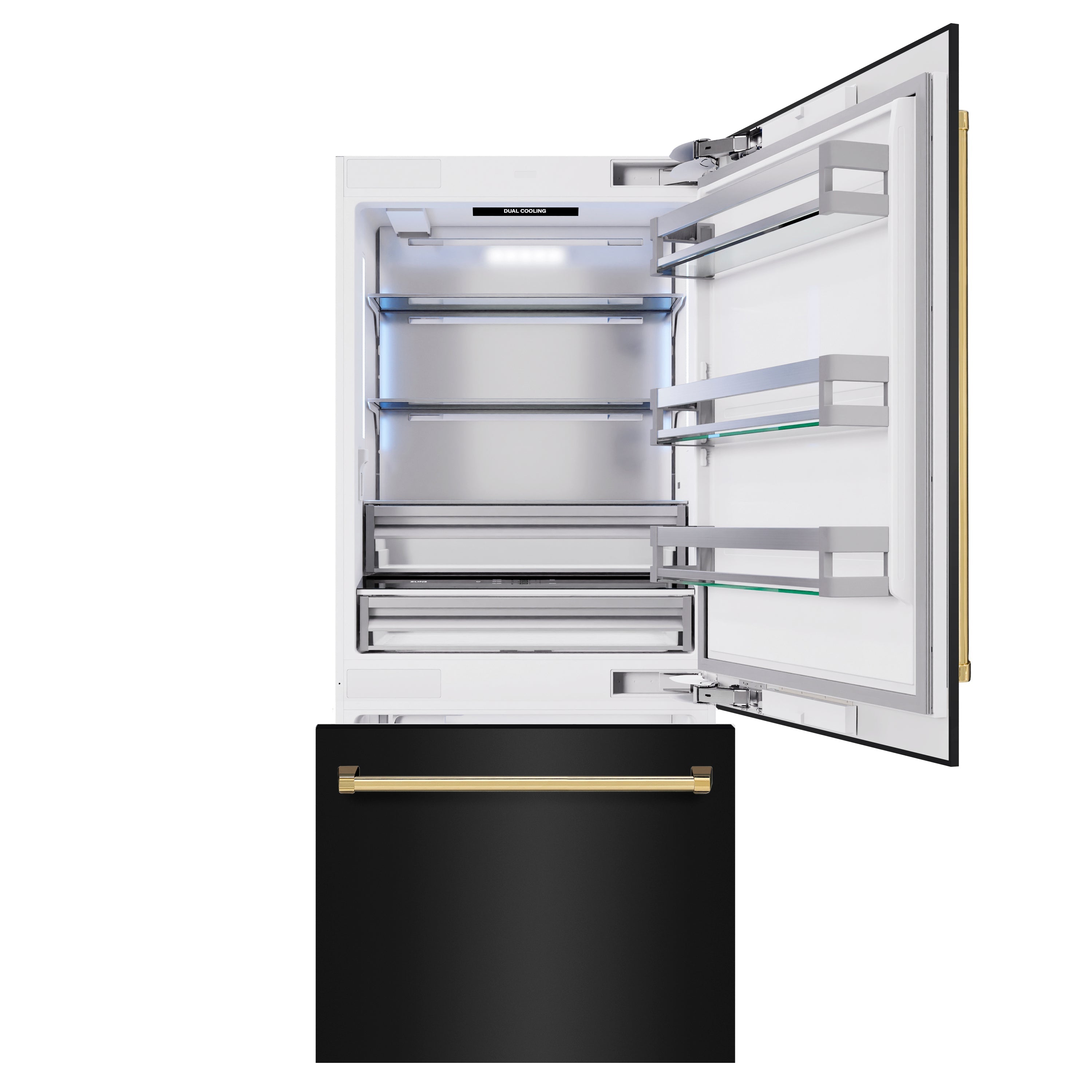 ZLINE 36 in. Built-In Bottom Freezer Refrigerator 19.8 cu. ft. Water Dispenser Ice Maker Black Stainless Steel Polished Gold Accents (RBITZ-BS-36-G)