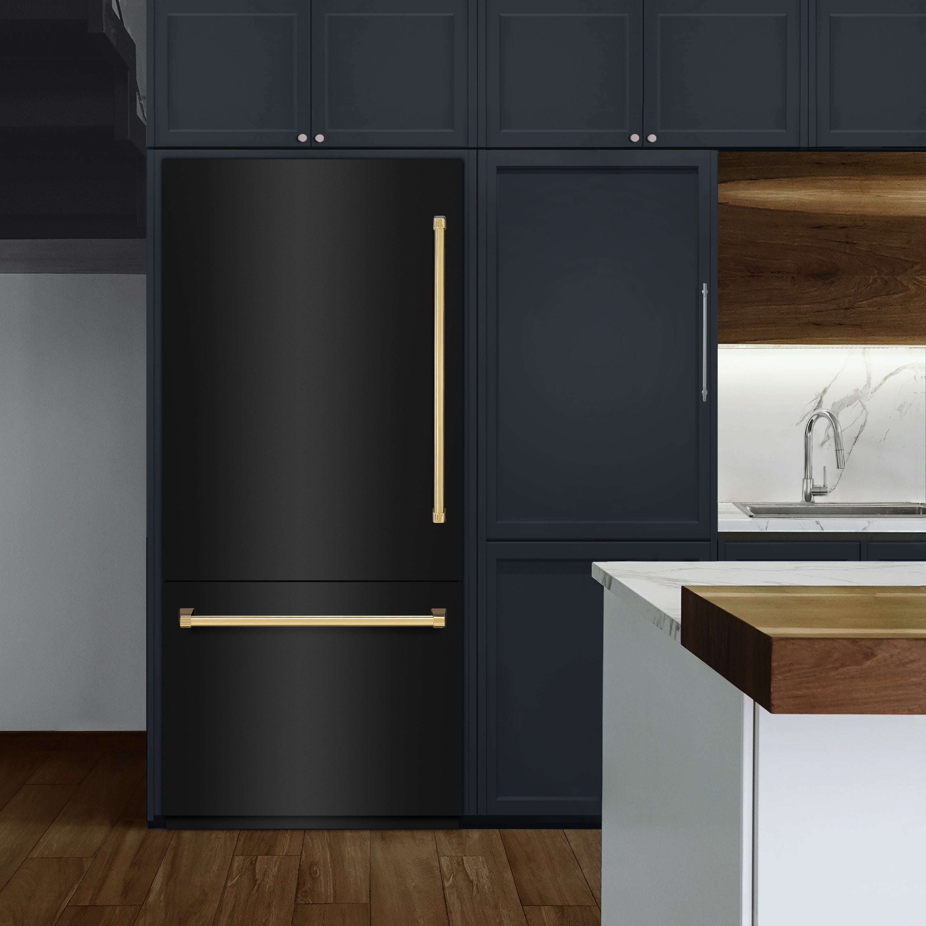 ZLINE 36 in. Built-In Bottom Freezer Refrigerator 19.8 cu. ft. Water Dispenser Ice Maker Black Stainless Steel Polished Gold Accents (RBITZ-BS-36-G)