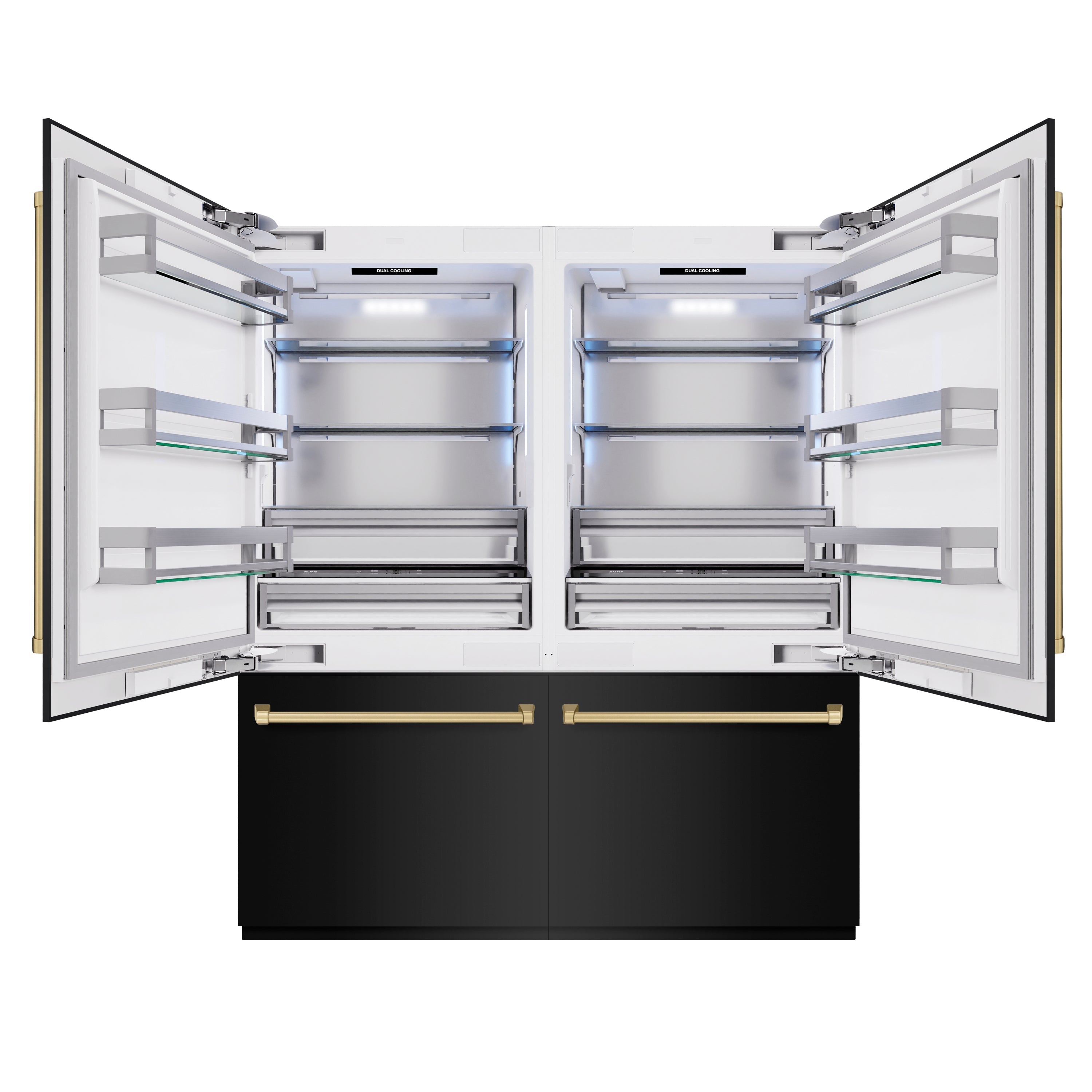 ZLINE 72 in. French Door Built-In Bottom Freezer Refrigerator 39.6 cu. ft. Water Dispensers Ice Makers Black Stainless Steel Champagne Bronze Accents (RBITZ-BS-72-CB)
