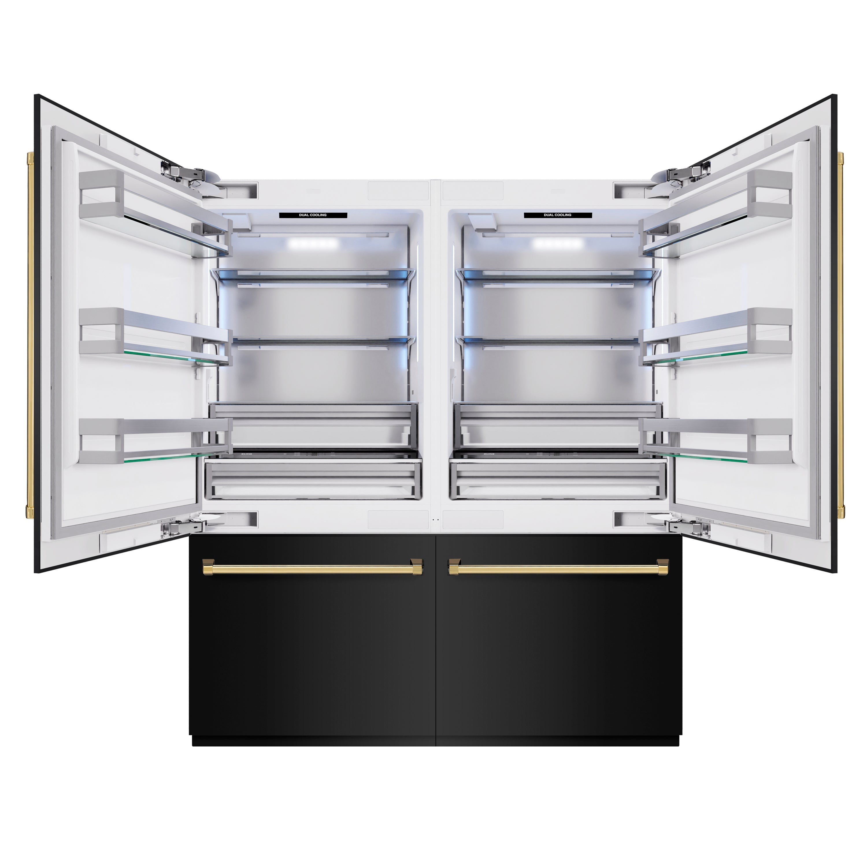 ZLINE 72 in. French Door Built-In Bottom Freezer Refrigerator 39.6 Cu. Ft. Water Dispensers Ice Makers Black Stainless Steel Polished Gold Accents (RBITZ-BS-72-G)