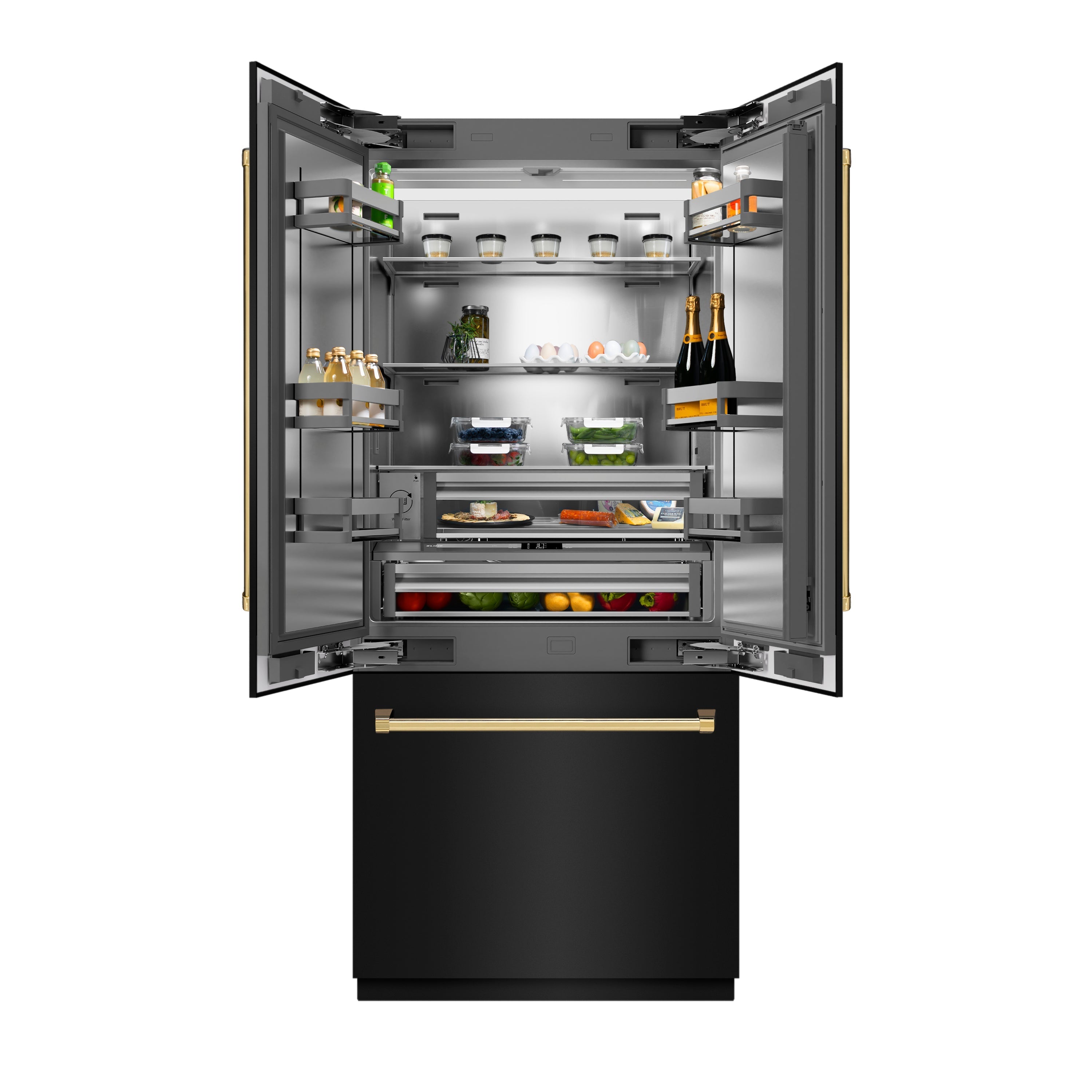 ZLINE 36-Inch French Door Built-In Bottom Freezer Refrigerator 19.6 Cu. Ft. Water Dispenser Ice Maker Black Stainless Steel Stainless Steel Interior Polished Gold Accents (SRBIVZ-BS-36-G)