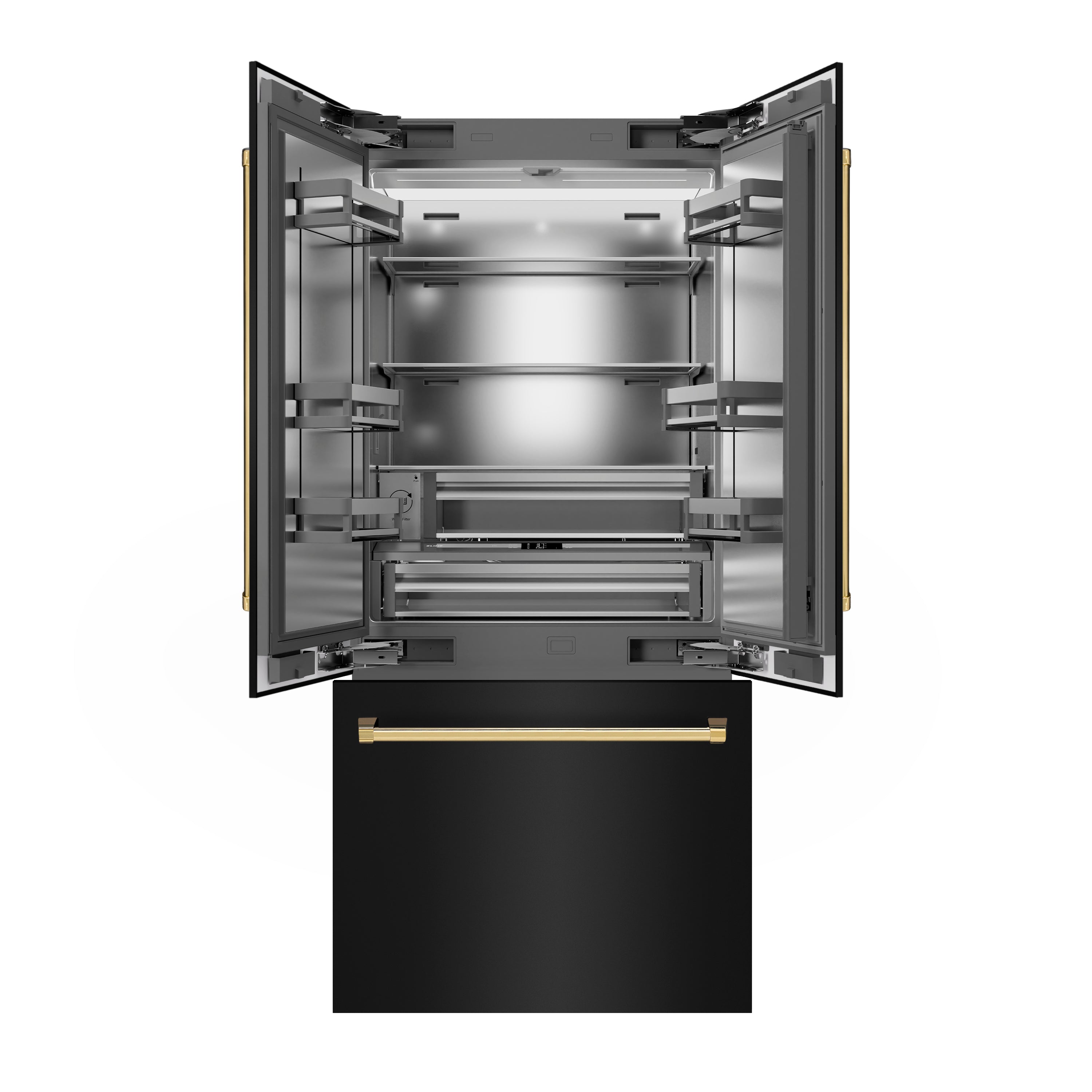 ZLINE 36-Inch French Door Built-In Bottom Freezer Refrigerator 19.6 Cu. Ft. Water Dispenser Ice Maker Black Stainless Steel Stainless Steel Interior Polished Gold Accents (SRBIVZ-BS-36-G)