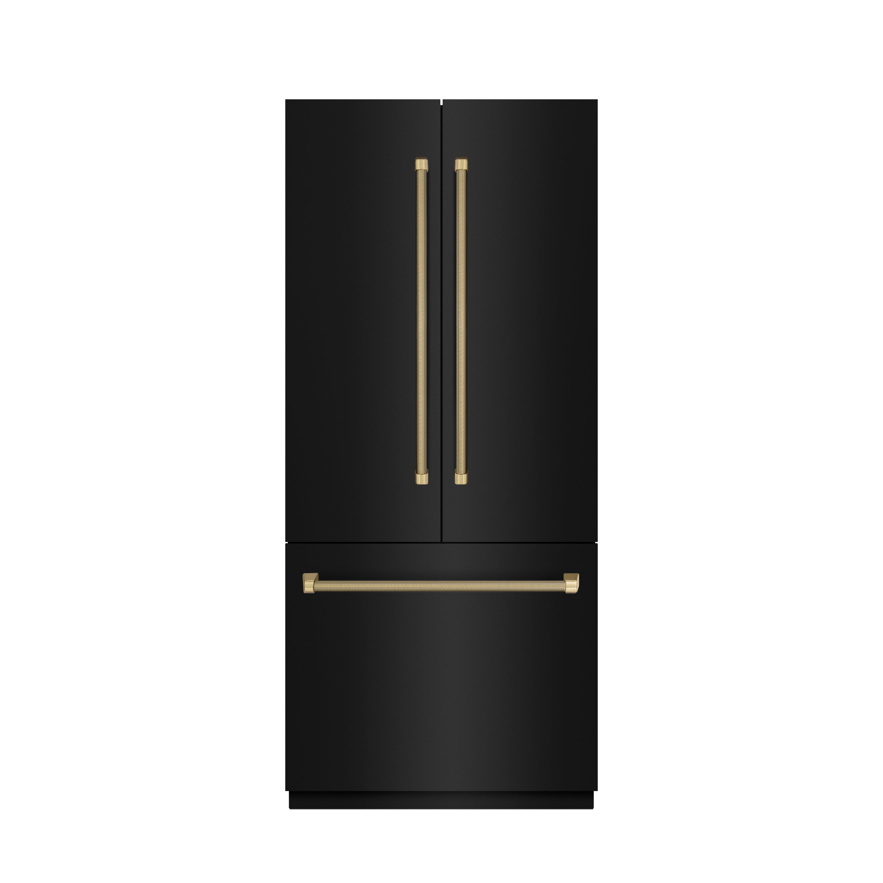 ZLINE 36 in. French Door Built-In Bottom Freezer Refrigerator 19.6 cu. ft. Water Dispenser Ice Maker Black Stainless Steel Champagne Bronze Helix Handles (SRBIVZ-BS36KCB)