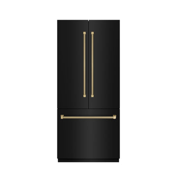 ZLINE 36 in. French Door Built-In Bottom Freezer Refrigerator 19.6 cu. ft. Water Dispenser Ice Maker Black Stainless Steel Champagne Bronze Helix Handles (SRBIVZ-BS36KCB)