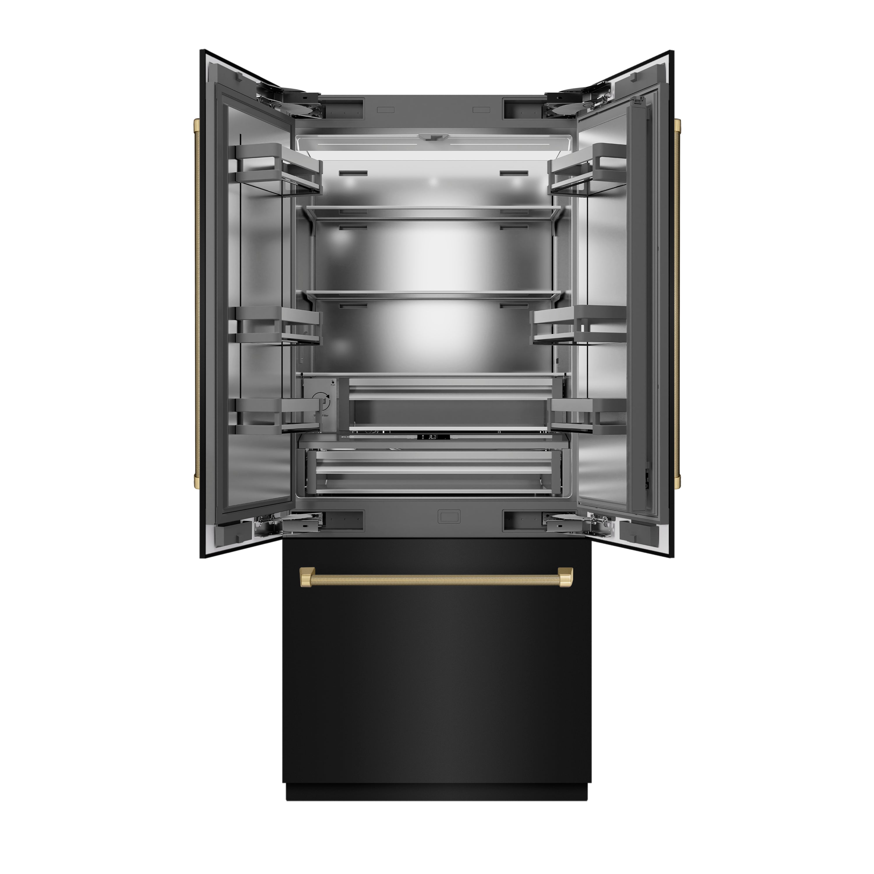 ZLINE 36 in. French Door Built-In Bottom Freezer Refrigerator 19.6 cu. ft. Water Dispenser Ice Maker Black Stainless Steel Champagne Bronze Helix Handles (SRBIVZ-BS36KCB)