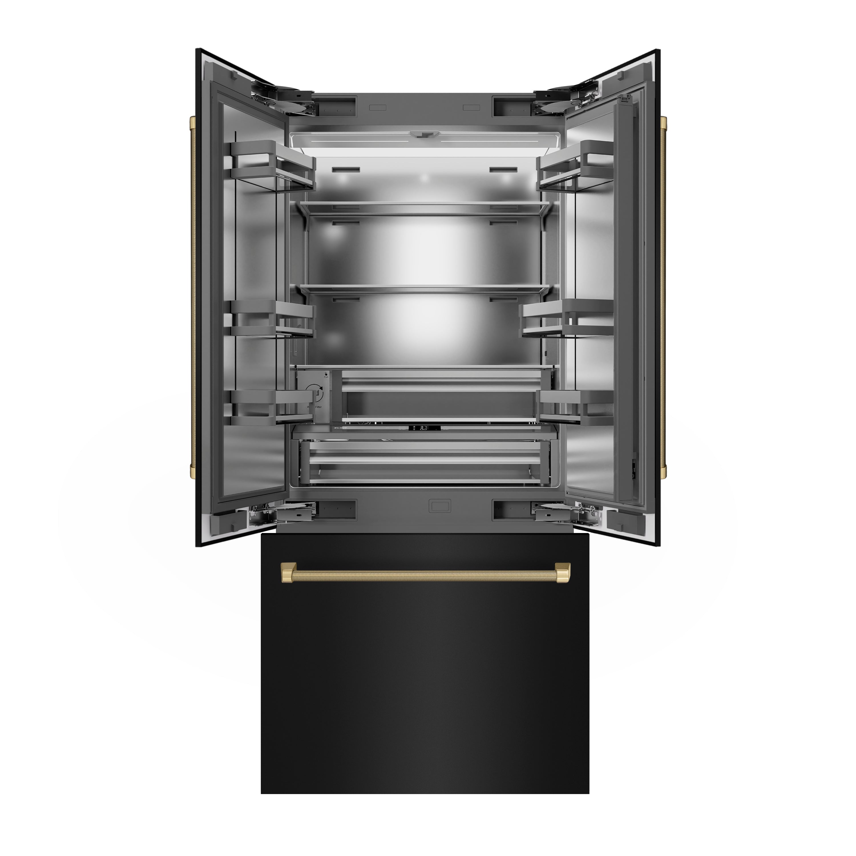 ZLINE 36 in. French Door Built-In Bottom Freezer Refrigerator 19.6 cu. ft. Water Dispenser Ice Maker Black Stainless Steel Champagne Bronze Helix Handles (SRBIVZ-BS36KCB)