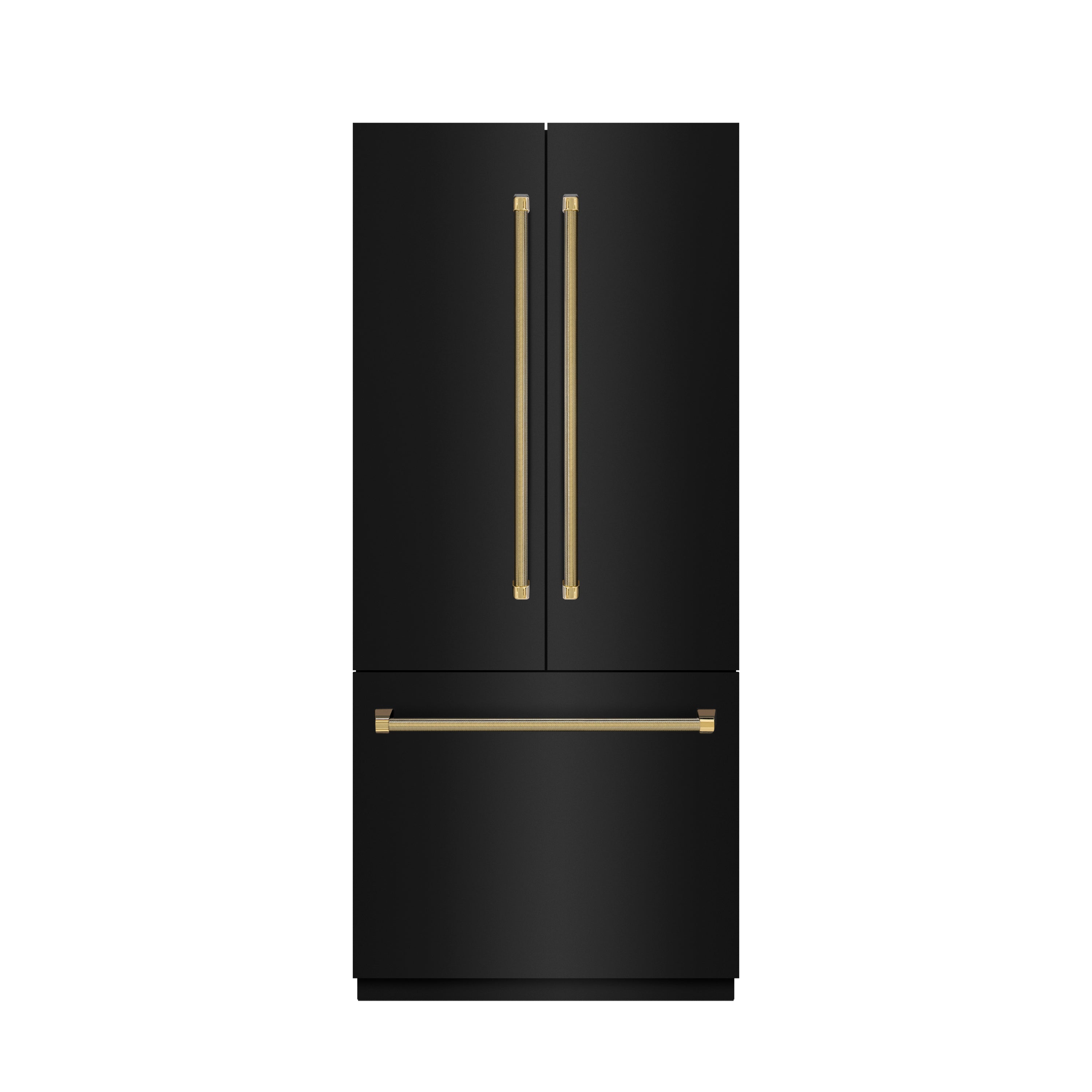 ZLINE 36 in. French Door Built-In Bottom Freezer Refrigerator 19.6 cu. ft. Water Dispenser Ice Maker Black Stainless Steel Stainless Steel Interior Polished Gold Helix Handles (SRBIVZ-BS36KG)