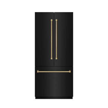ZLINE 36 in. French Door Built-In Bottom Freezer Refrigerator 19.6 cu. ft. Water Dispenser Ice Maker Black Stainless Steel Stainless Steel Interior Polished Gold Helix Handles (SRBIVZ-BS36KG)