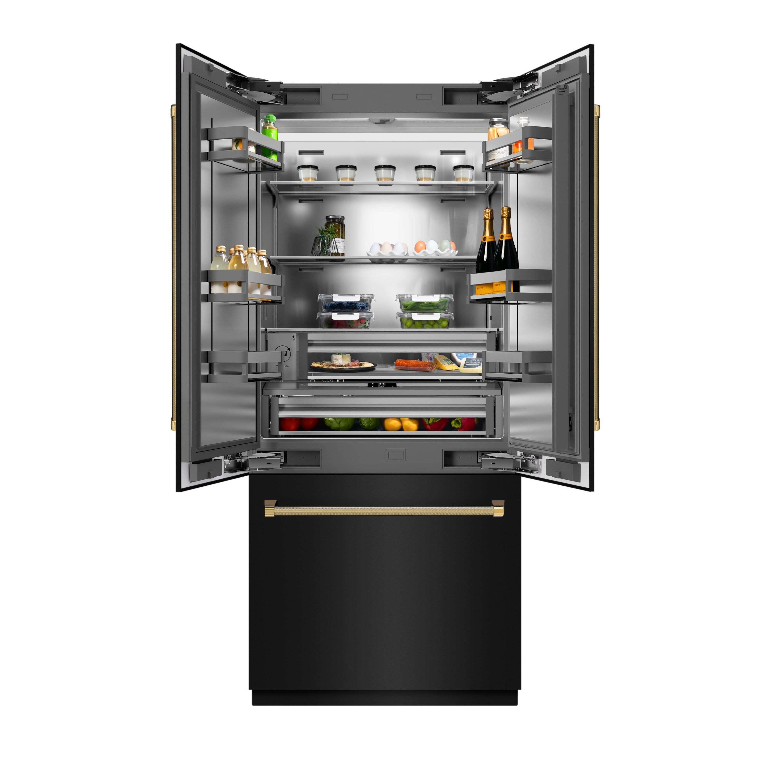 ZLINE 36 in. French Door Built-In Bottom Freezer Refrigerator 19.6 cu. ft. Water Dispenser Ice Maker Black Stainless Steel Stainless Steel Interior Polished Gold Helix Handles (SRBIVZ-BS36KG)
