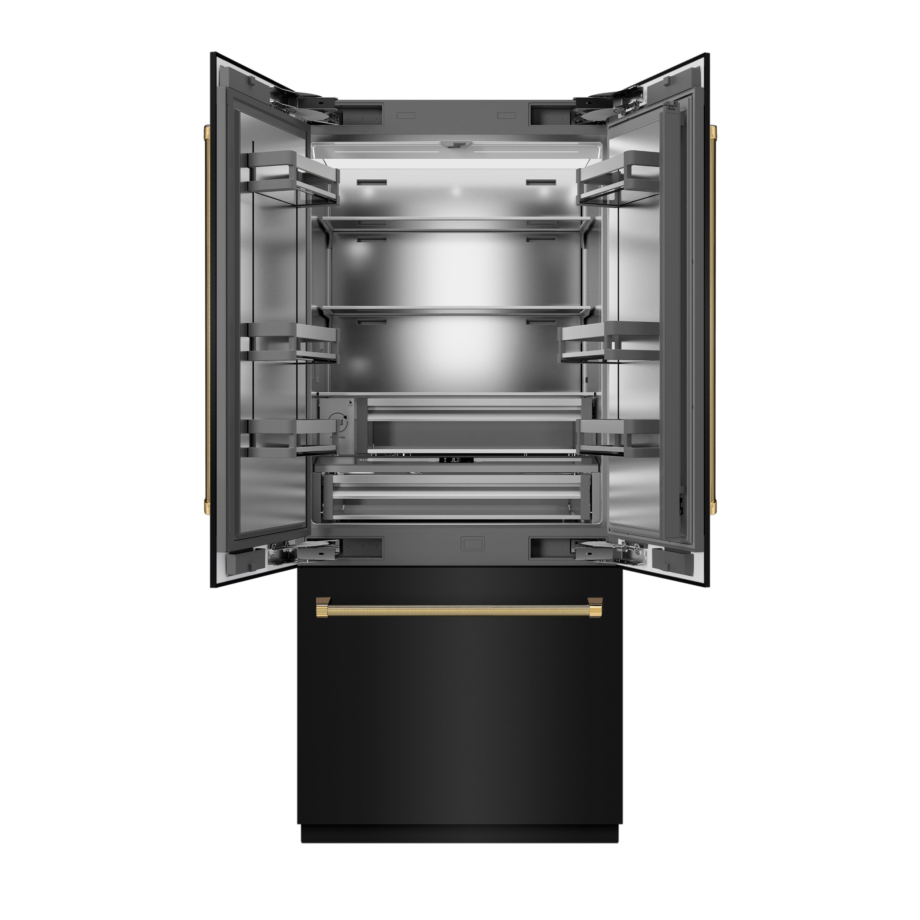 ZLINE 36 in. French Door Built-In Bottom Freezer Refrigerator 19.6 cu. ft. Water Dispenser Ice Maker Black Stainless Steel Stainless Steel Interior Polished Gold Helix Handles (SRBIVZ-BS36KG)