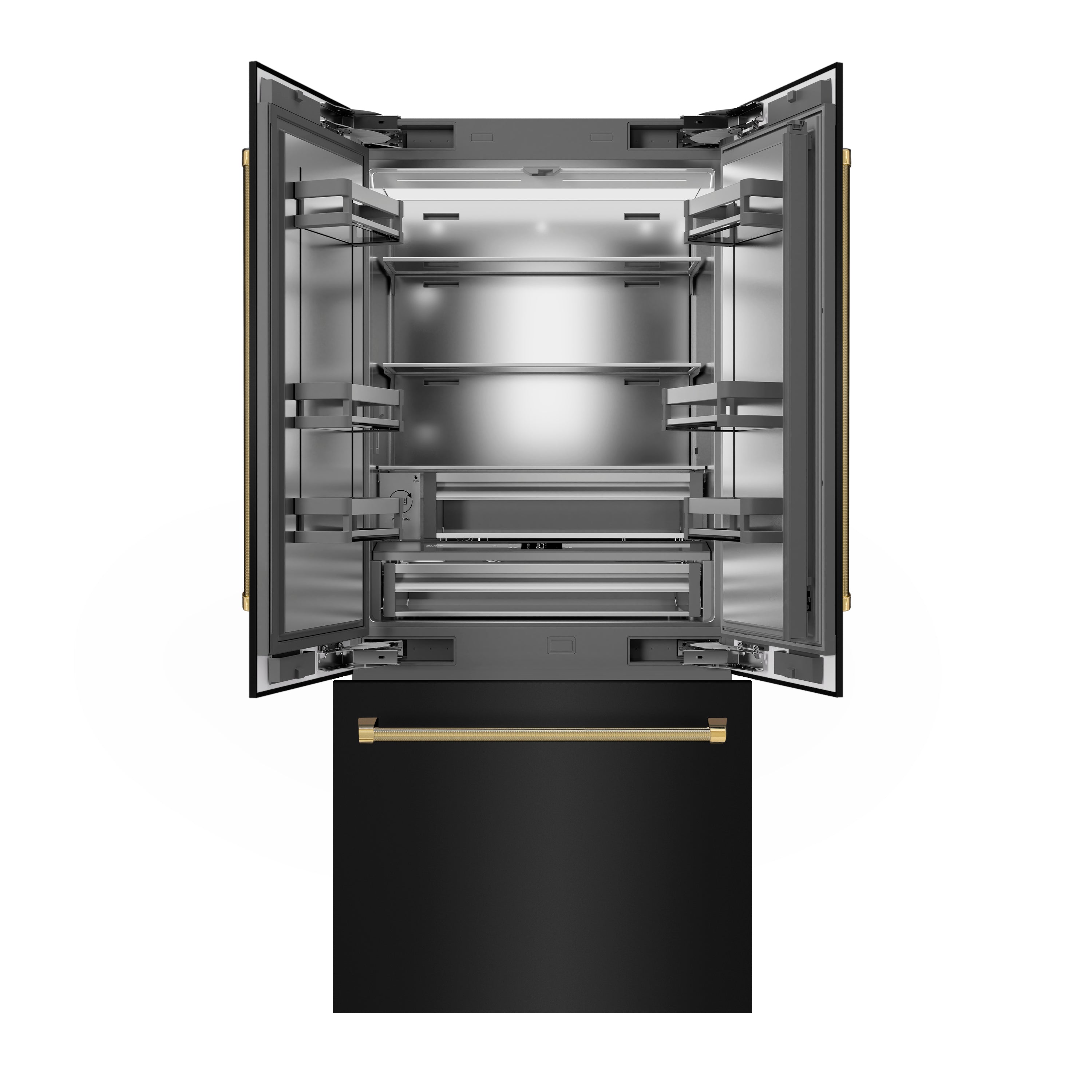 ZLINE 36 in. French Door Built-In Bottom Freezer Refrigerator 19.6 cu. ft. Water Dispenser Ice Maker Black Stainless Steel Stainless Steel Interior Polished Gold Helix Handles (SRBIVZ-BS36KG)