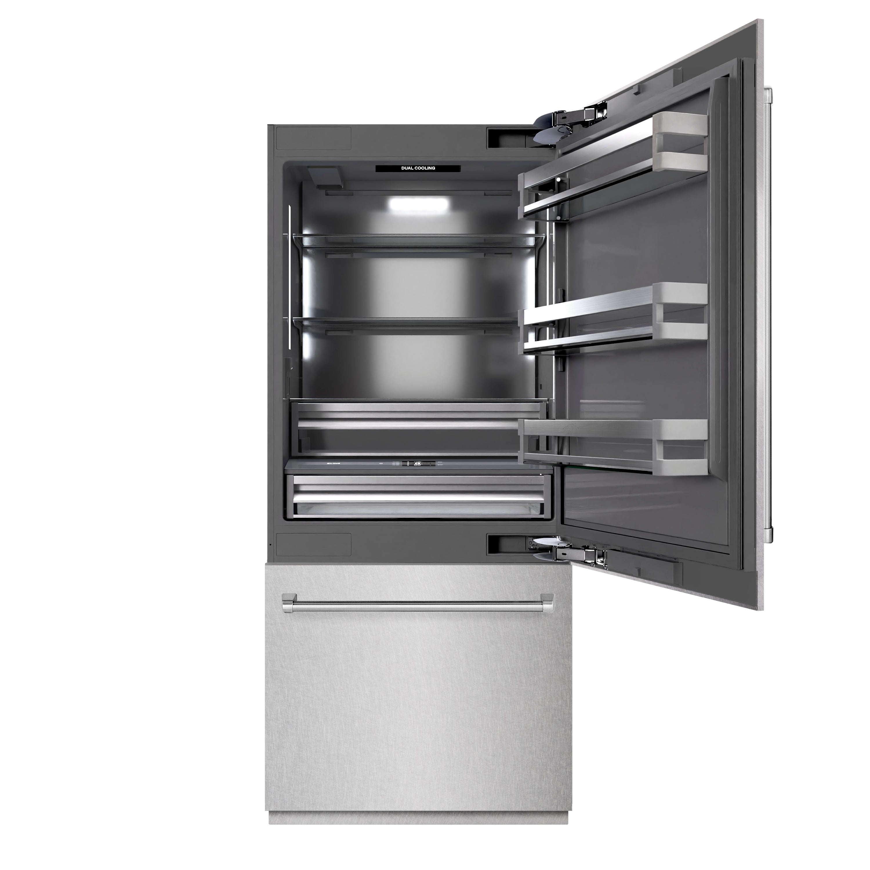 ZLINE 36 in. Built-In Bottom Freezer Refrigerator 19.8 cu. ft. Water Dispenser Ice Maker Satin Stainless Steel Graphite Gray Interior (GRBIT-SN-36)