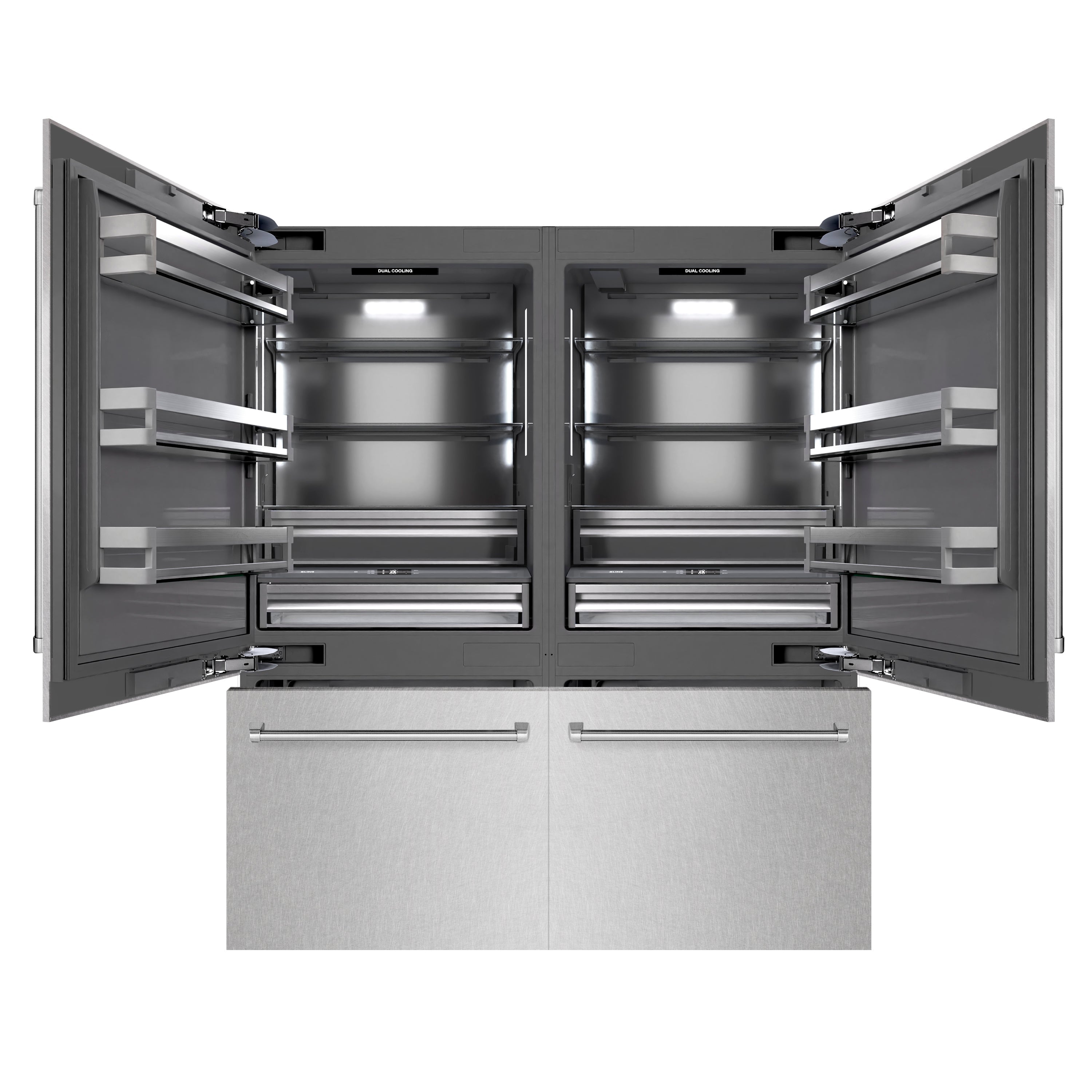 ZLINE 72 in. French Door Built-In Bottom Freezer Refrigerator 39.6 cu. ft. Water Dispensers Ice Makers Satin Stainless Steel Graphite Gray Interior (GRBIT-SN-72)