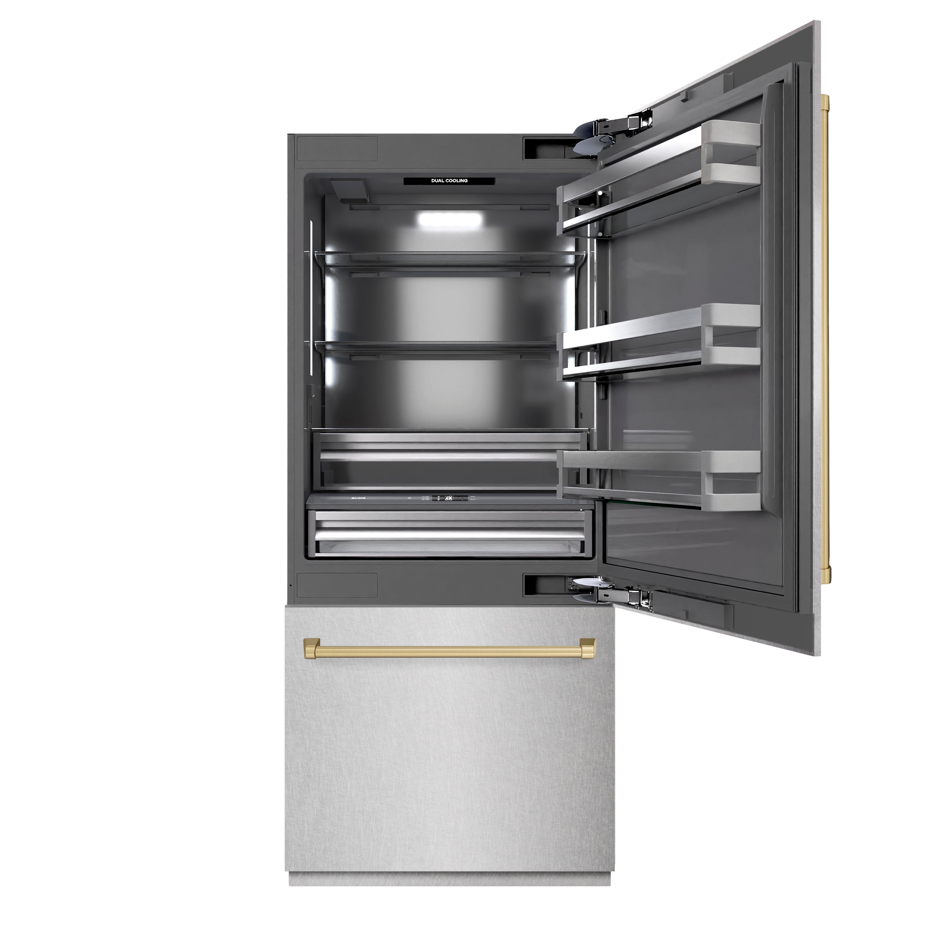 ZLINE 36" Built-In Bottom Freezer Refrigerator 19.8 Cu. Ft. Water Dispenser Ice Maker Satin Stainless Steel Champagne Bronze Accents (GRBITZ-SN-36-CB)