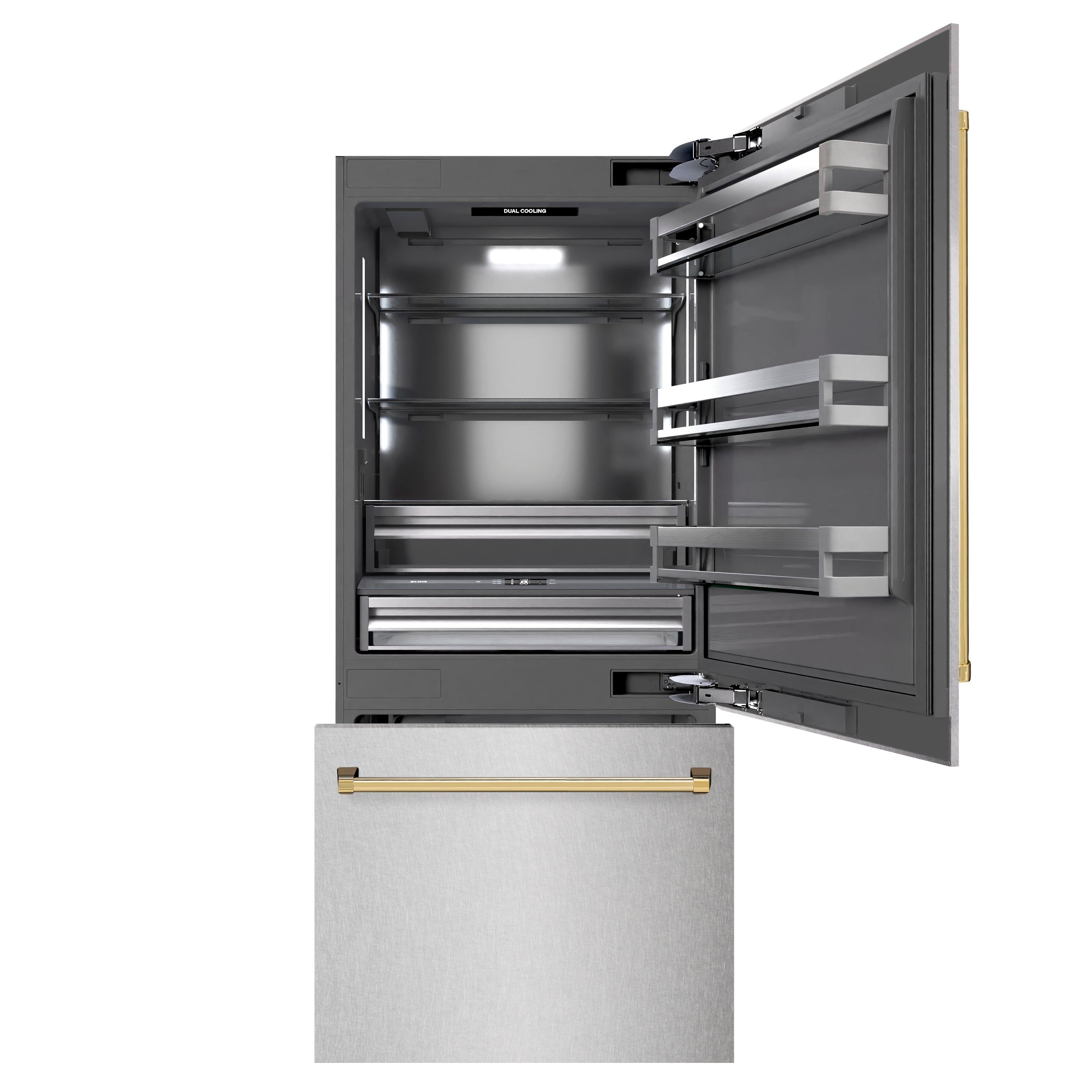 ZLINE 36 in. Built-In Bottom Freezer Refrigerator 19.8 Cu. Ft. Water Dispenser Ice Maker Satin Stainless Steel Graphite Gray Interior Polished Gold Accents (GRBITZ-SN-36-G)