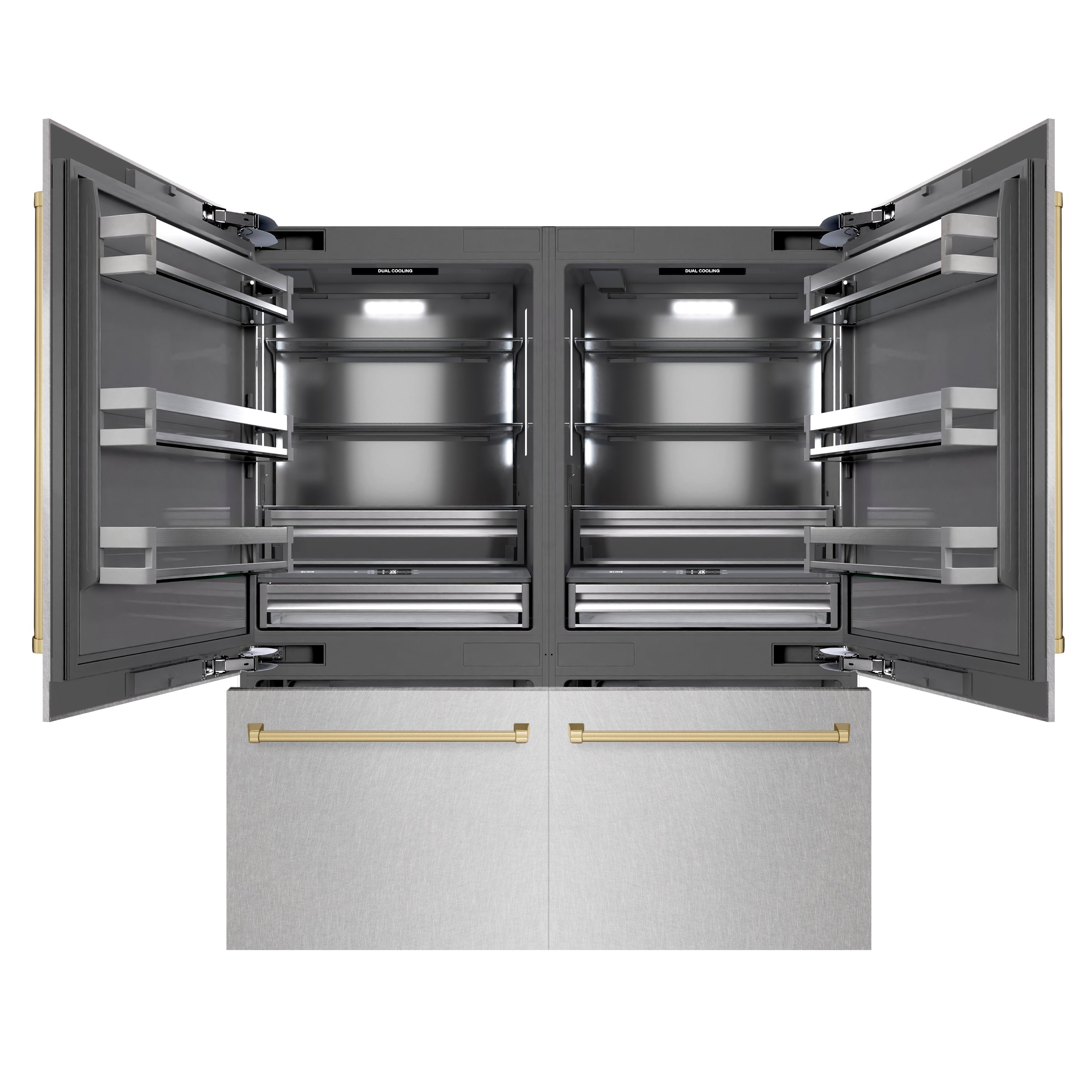 ZLINE 72 in. French Door Built-In Bottom Freezer Refrigerator 39.6 Cu. Ft. Water Dispensers Ice Makers Satin Stainless Steel Champagne Bronze Accents (GRBITZ-SN-72-CB)