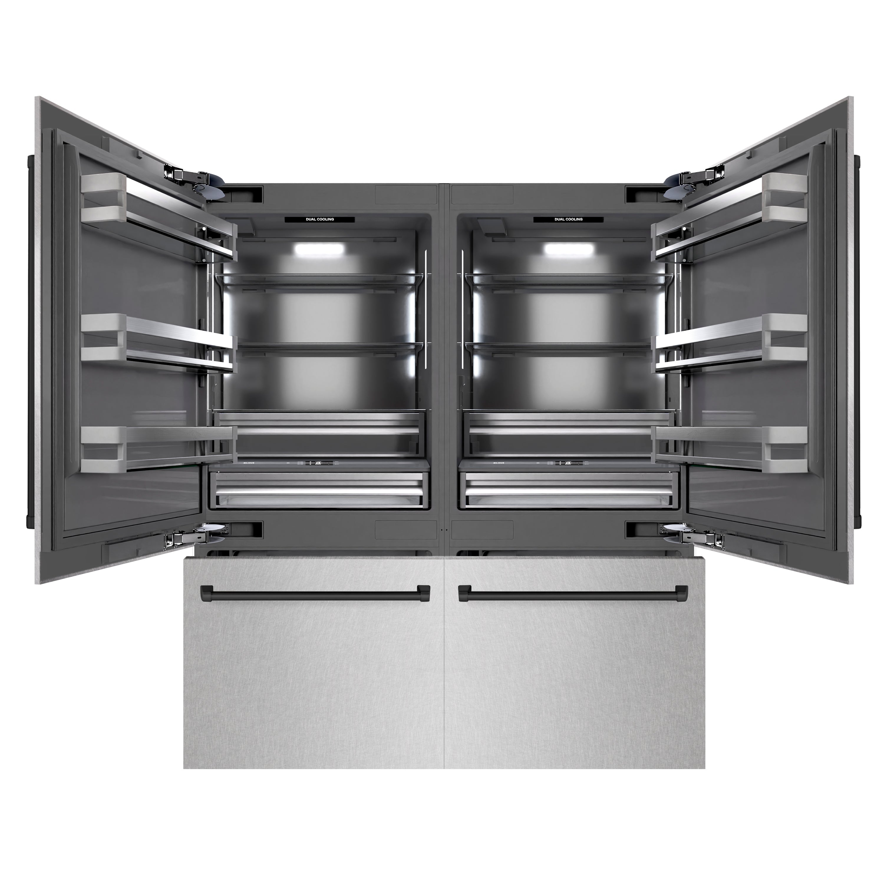 ZLINE 72 in. French Door Built-In Bottom Freezer Refrigerator 39.6 Cu. Ft. Water Dispensers, Ice Makers, Satin Stainless Steel, Graphite Gray Interior, Matte Black Accents (GRBITZ-SN-72-MB)