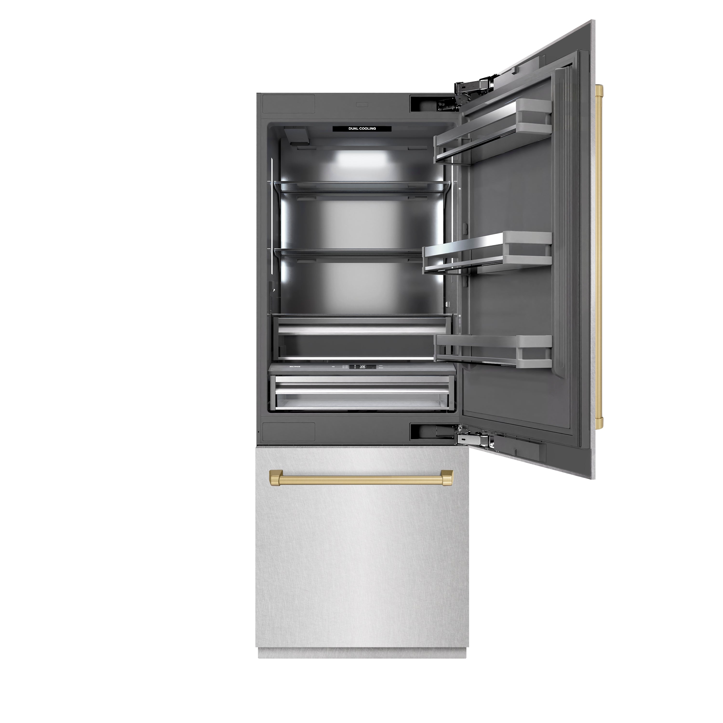 ZLINE 30 in. Built-In Bottom Freezer Refrigerator 16.1 Cu. Ft. Water Dispenser Ice Maker Satin Stainless Steel Champagne Bronze Accents (GRBIVZ-SN-30-CB)