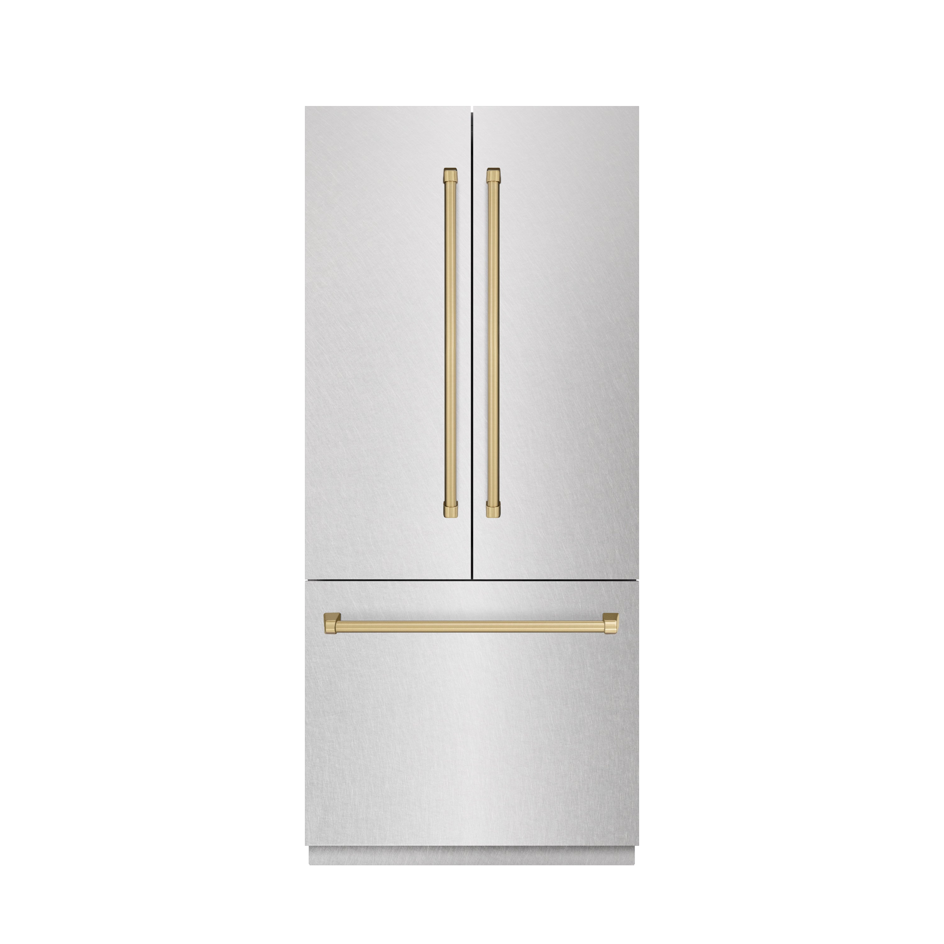 ZLINE 36 in. French Door Built-In Bottom Freezer Refrigerator 19.6 Cu. Ft. Water Dispenser Ice Maker Satin Stainless Steel Graphite Gray Interior Champagne Bronze Accents (GRBIVZ-SN-36-CB)