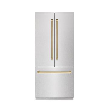 ZLINE 36 in. French Door Built-In Bottom Freezer Refrigerator 19.6 Cu. Ft. Water Dispenser Ice Maker Satin Stainless Steel Graphite Gray Interior Champagne Bronze Accents (GRBIVZ-SN-36-CB)